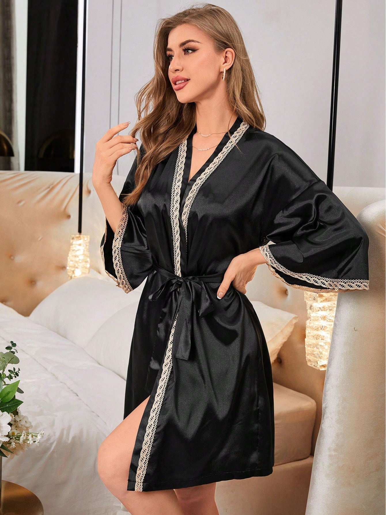 Women'S 3/4 Sleeve Bathrobe with Belt