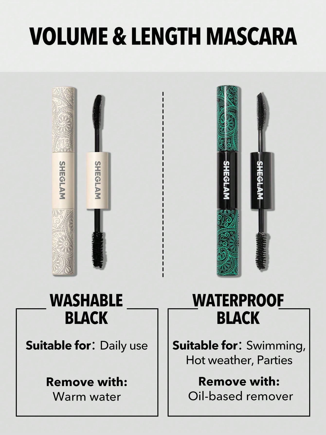 SHEGLAM All-In-One Volume & Length Mascara-Washable Black 2 in 1 Double Head Brush Easy to Remove No Smudge Curling Separation Thick Black Mascara Eye Makeup Black Friday Party Mascara