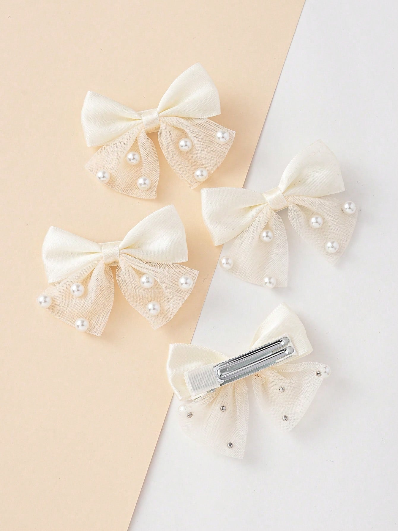 4Pcs Toddler Girls Bow & Faux Pearl Decor Fashionable Hair Clip for Daily Decoration
