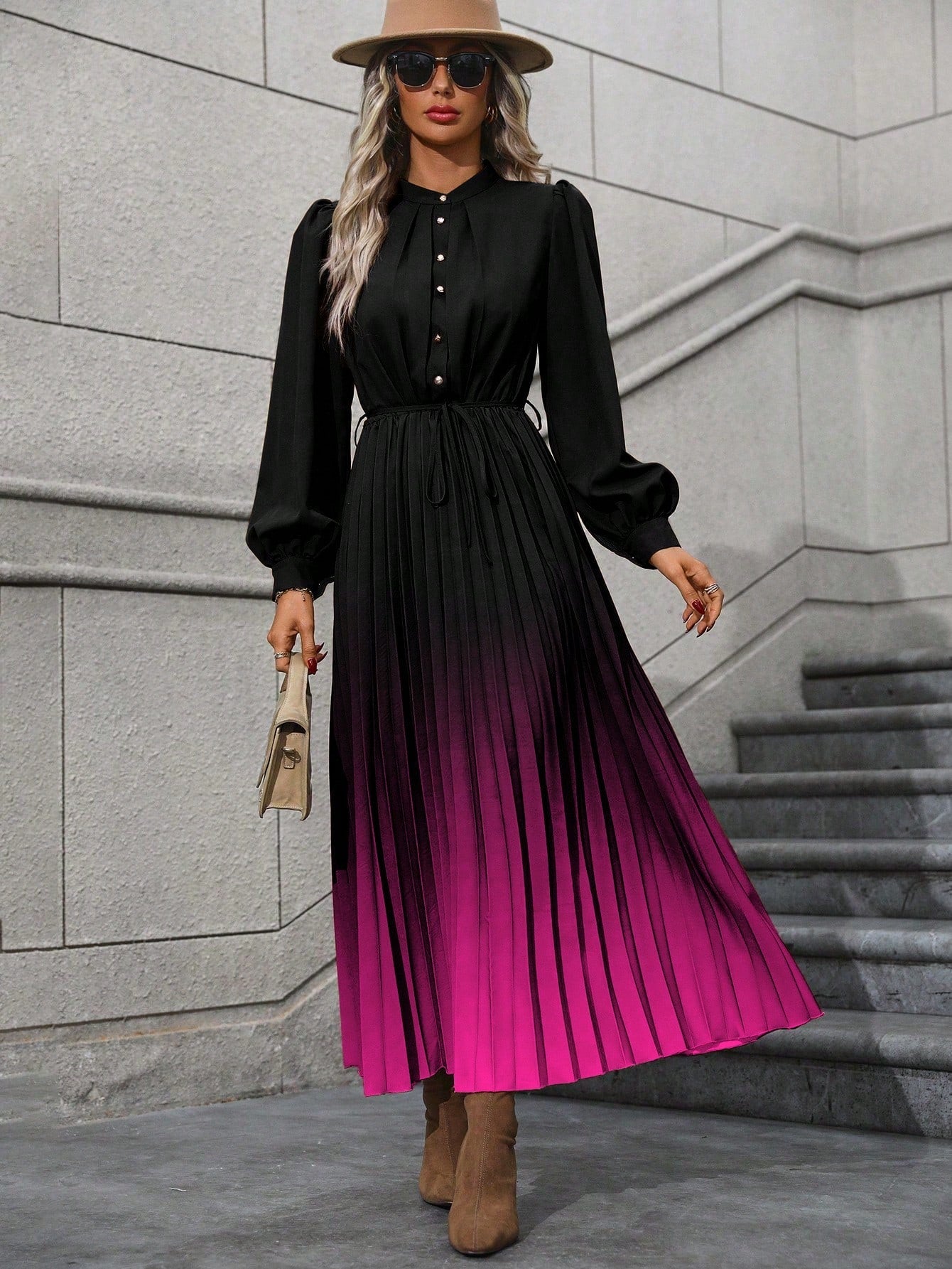 Ombre Bishop Sleeve Pleated Hem Dress without Belt