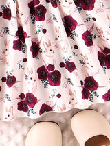 SHEIN Kids Qtfun Little Girl'S Spring and Autumn Daily Casual Vacation Cute Flower Print round Neck Long-Sleeved Dress and Hair Tie