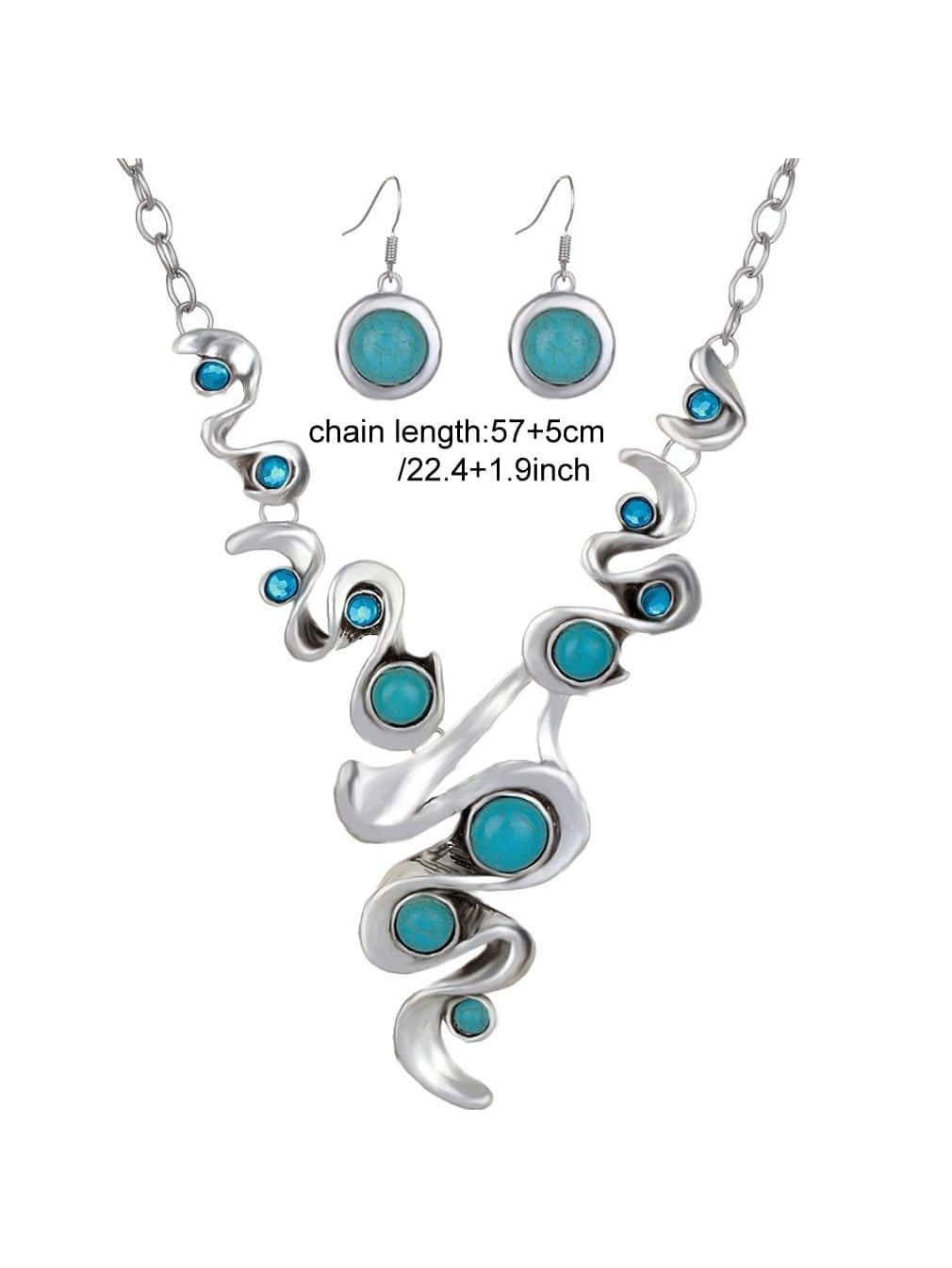 1Pc Bohemian Style Vintage Turquoise Inlaid Silver Plated Necklace & Earrings Set, Suitable for Women'S Daily Wear and Party