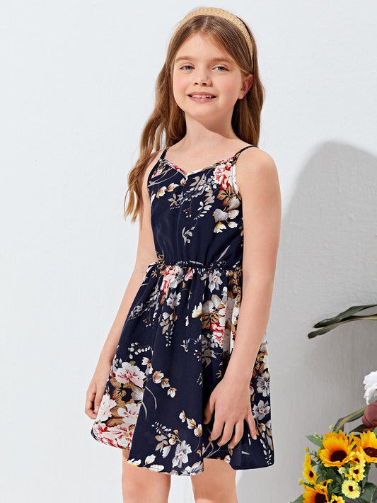 SHEIN Kids SUNSHNE Girls High Waist Floral Print Cami Dress