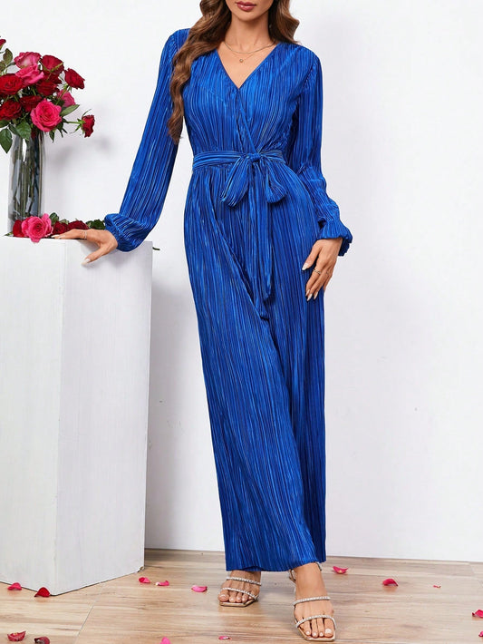 SHEIN Clasi Lantern Sleeve Belted Wide Leg Jumpsuit