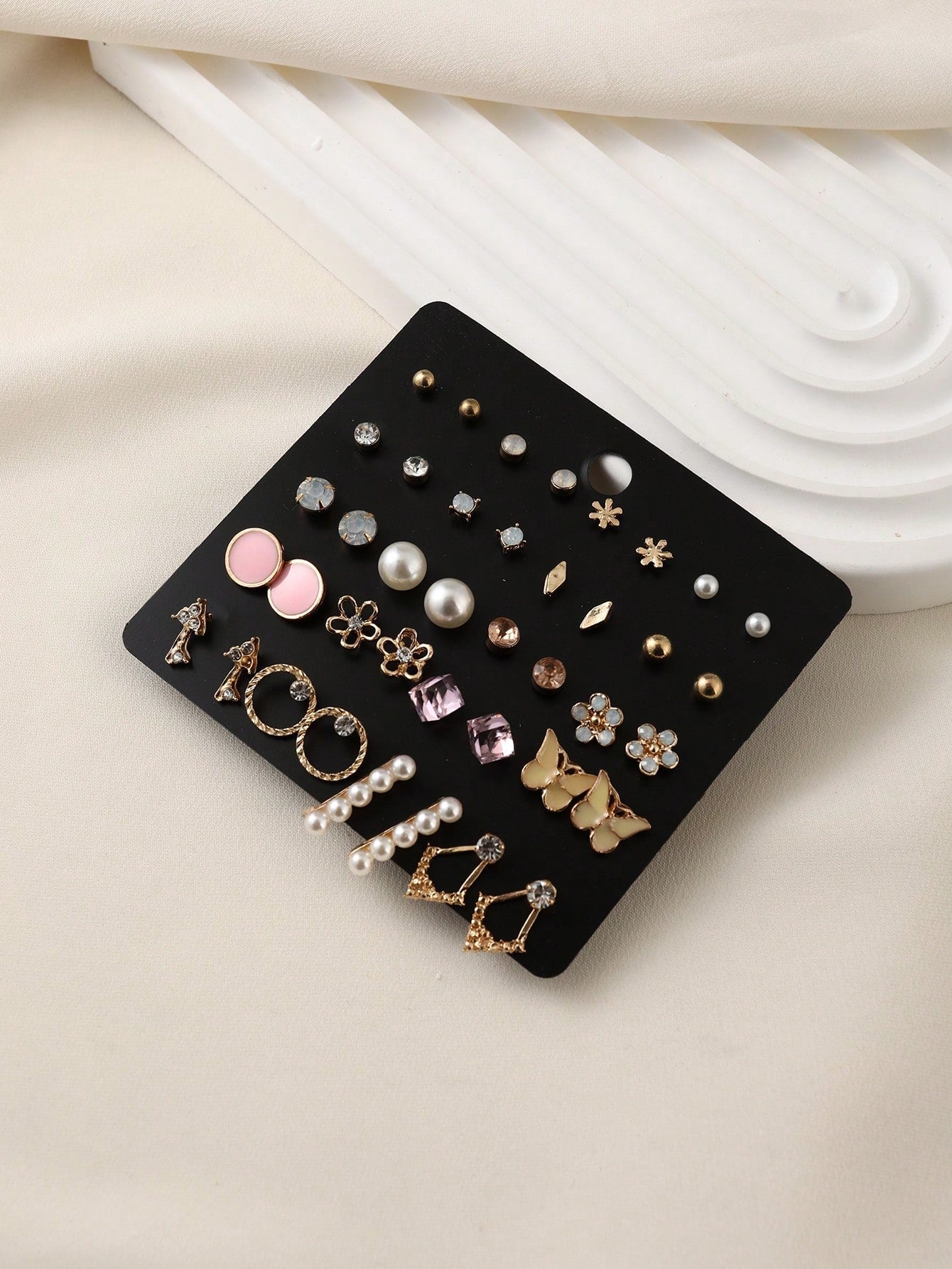 20Pairs/Set Rhinestone Butterfly & Pearl Decor Oil Drop Stud Earrings