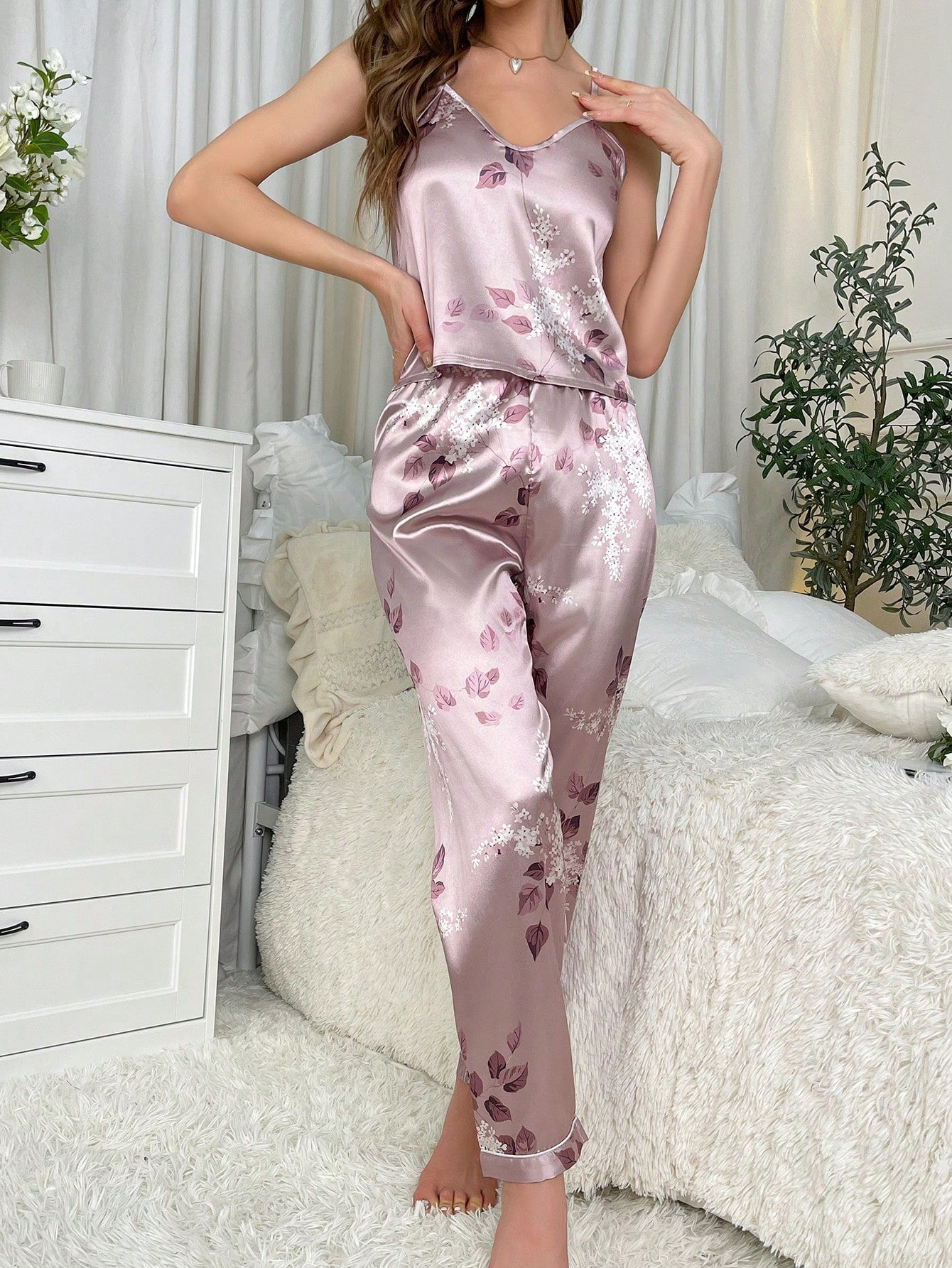Floral Print Satin PJ Set