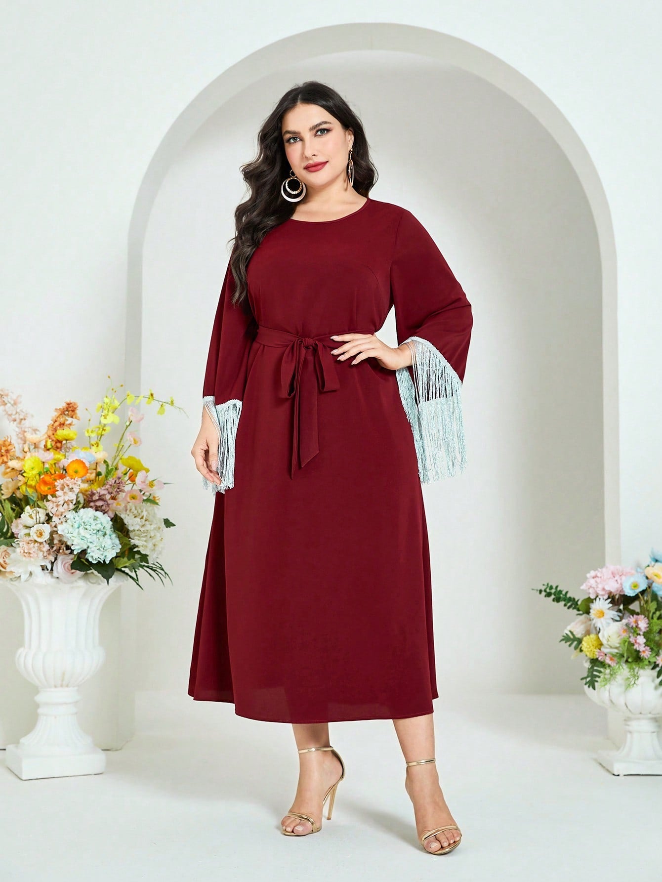 SHEIN Najma plus Fringe Trim Belted Dress