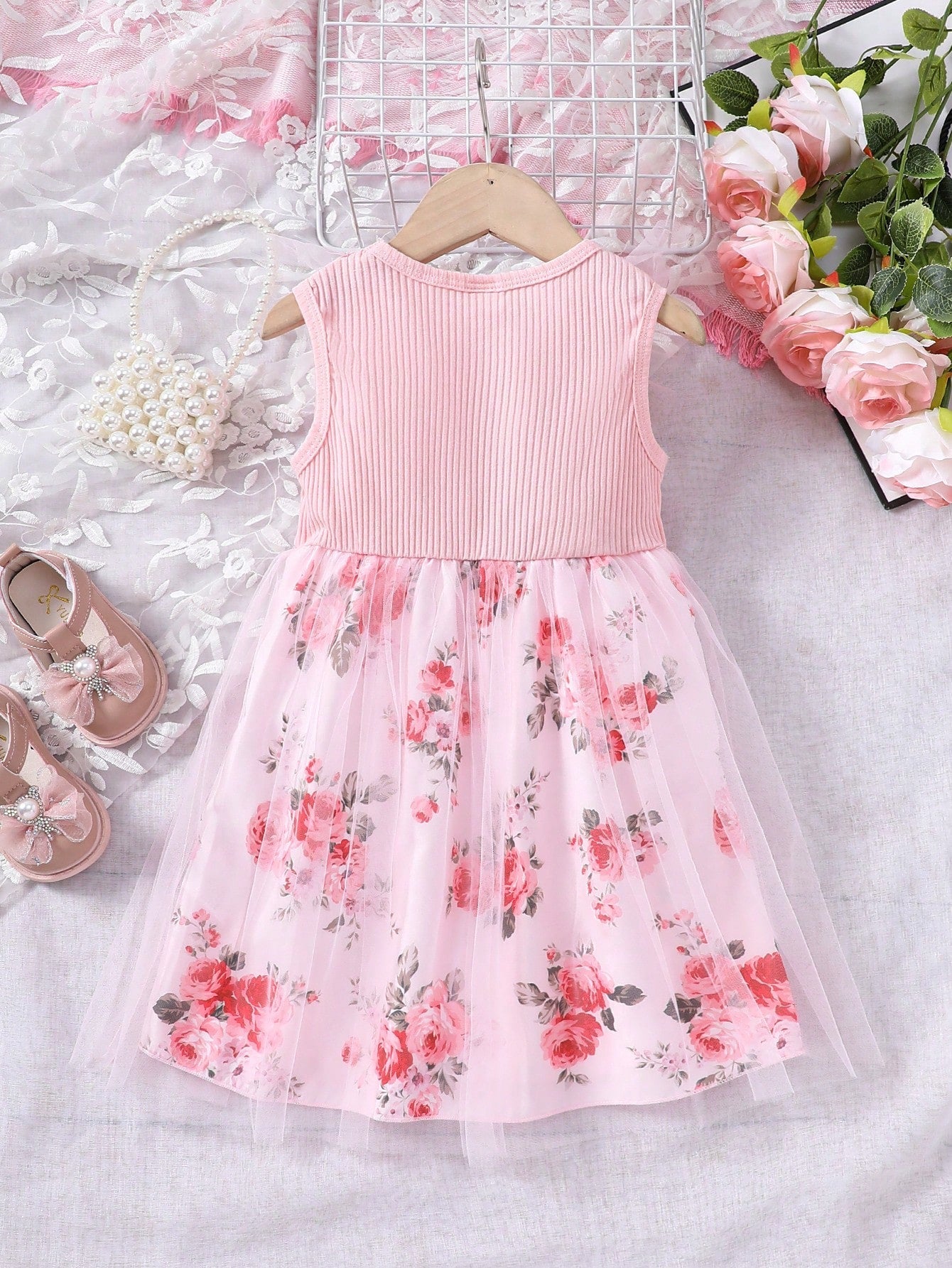 SHEIN Kids CHARMNG Little Girls' Princess Style Sweet Elegant Rose Floral Mesh Dress for Casual and Fashion