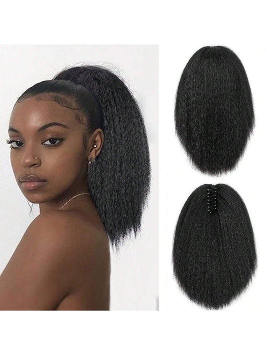 12 Inches Kinky Ponytail Hair Extensions Claw Clip Yaki Black Ponytail Extension for Kinky Straight Clip in Ponytail Hair Extensions (12 Inches)