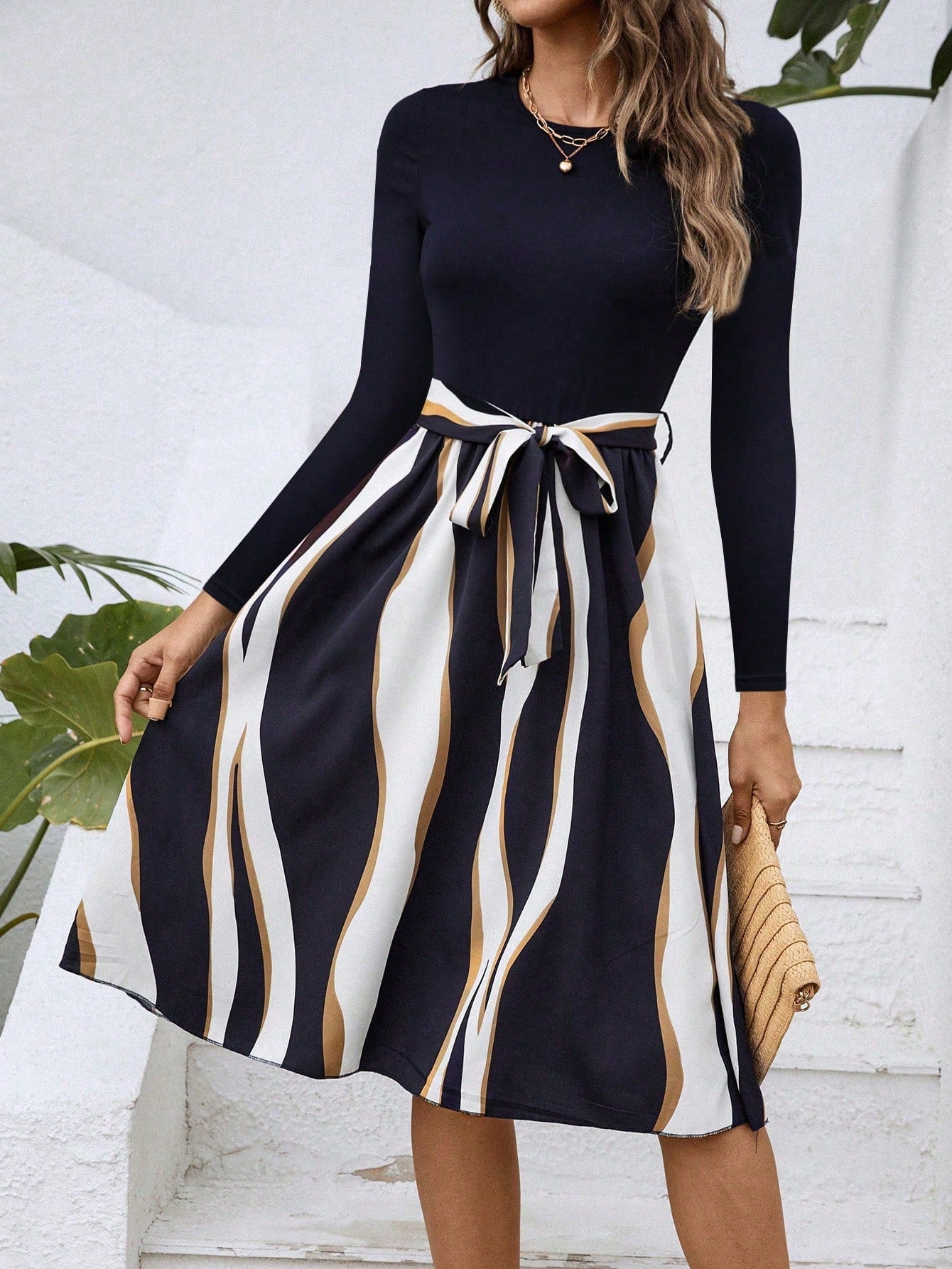 SHEIN LUNE Colorblock Belted A-Line Dress