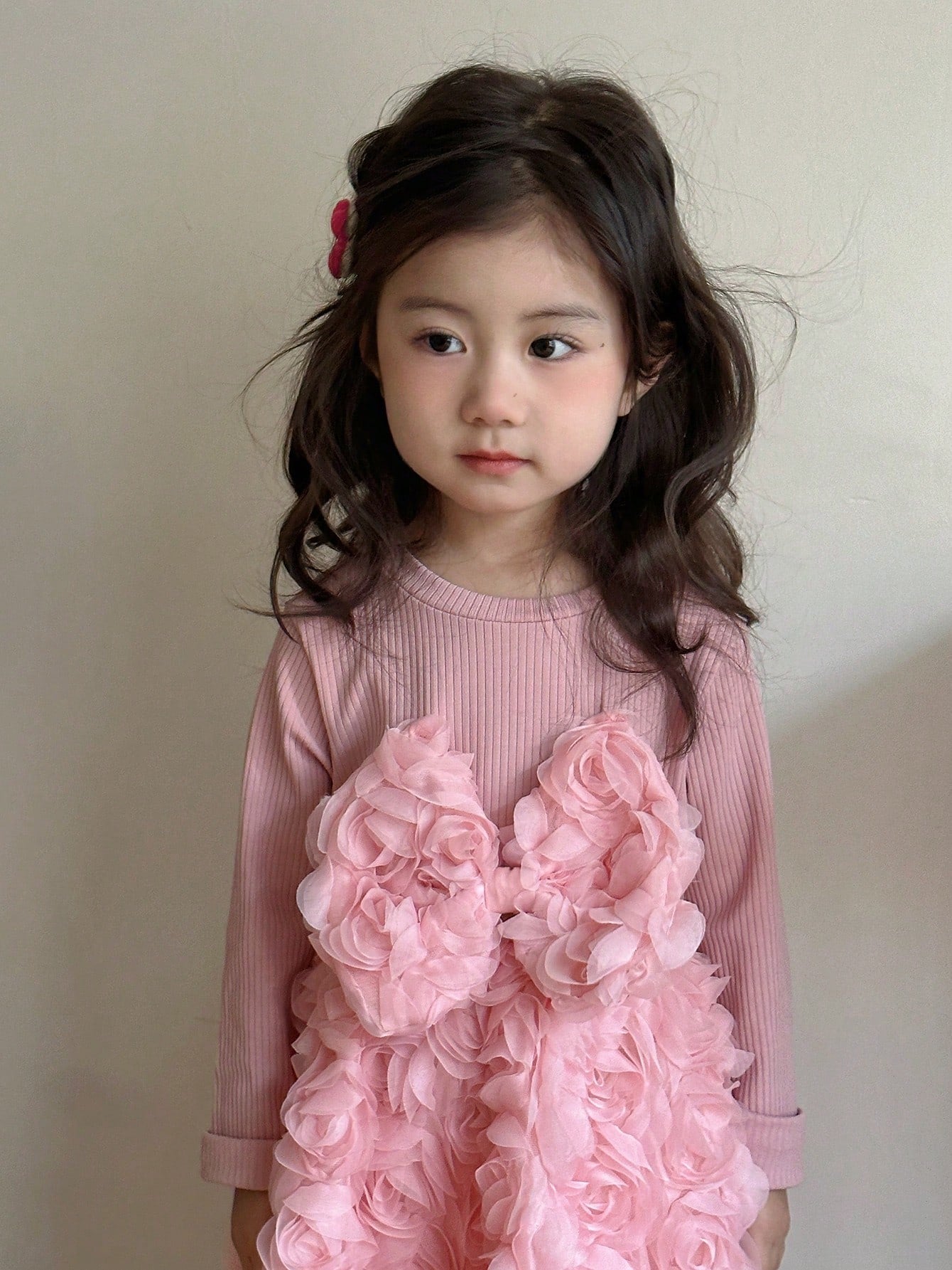 Young Girl'S Long Sleeve Dress with 3D Flower Detail