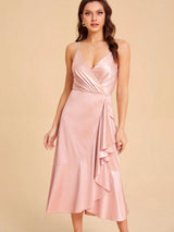 SHEIN Belle Wrap Ruffle Hem Satin Cami Bridesmaid Dress
