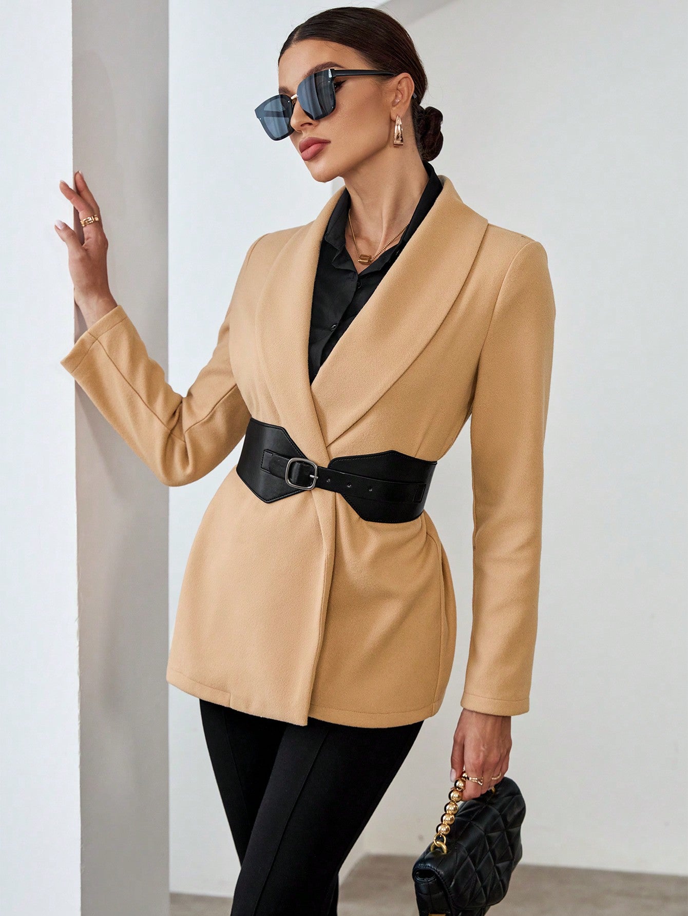 SHEIN Privé Shawl Collar Open Front Belted Overcoat