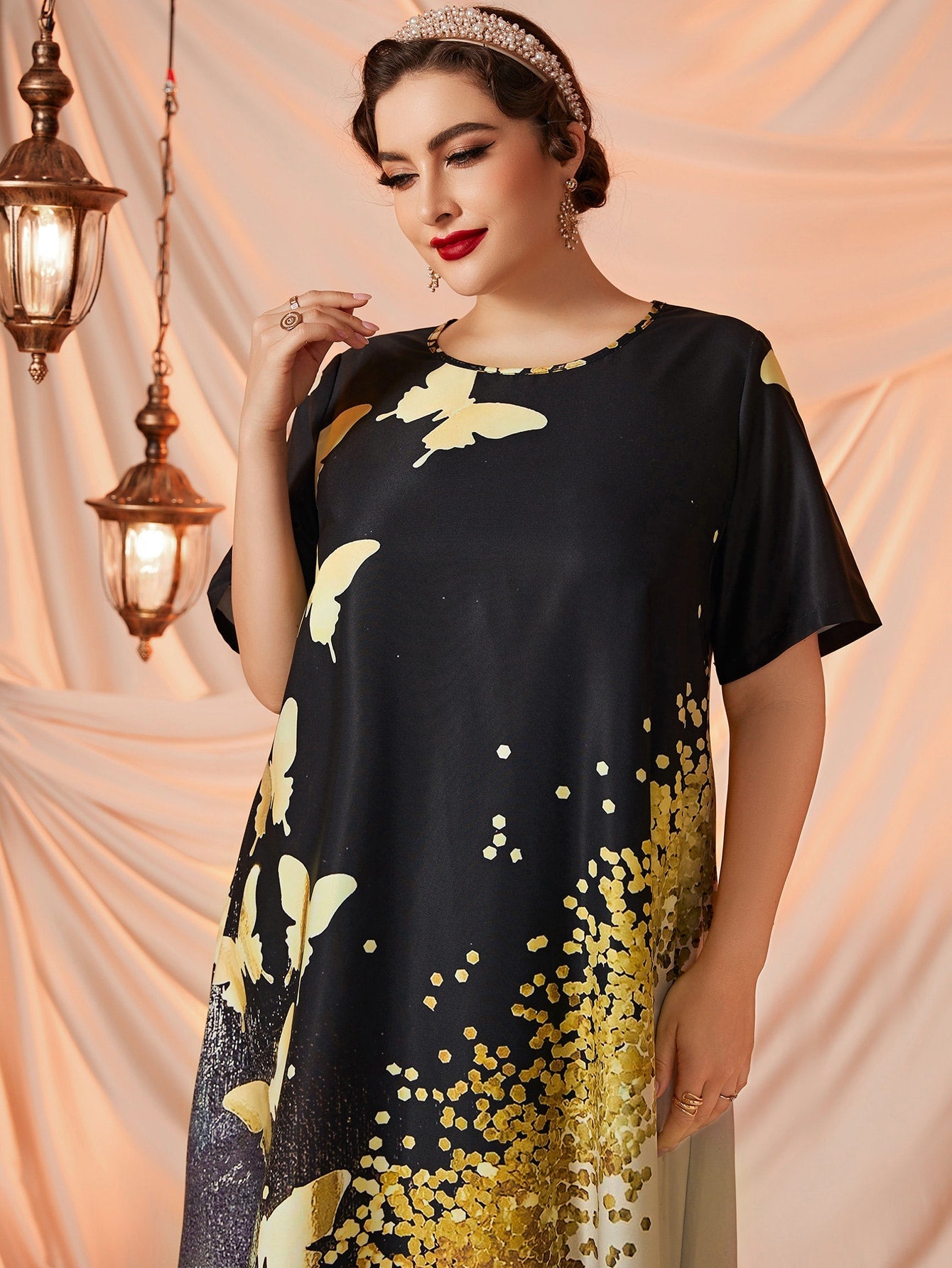 SHEIN Najma plus Gold Butterfly Print Maxi Tunic Dress