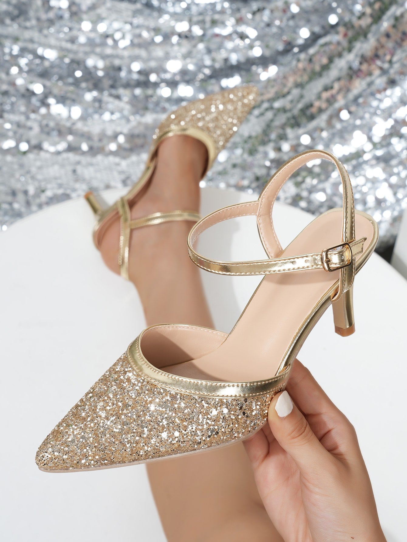 Golden Glittery Peep Toe High Heels with Bow Accent Suitable for Daily Wear