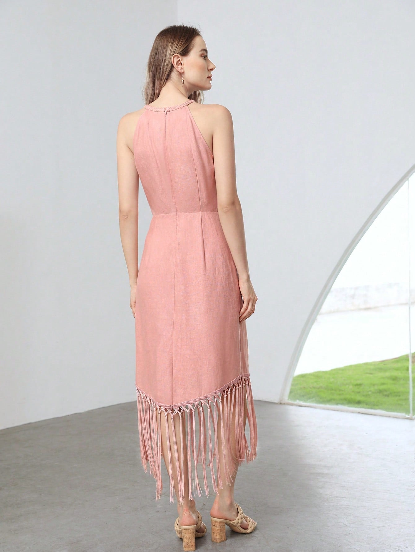 MOTF X Nour PREMIUM PURE LINEN FRINGE HALTER DRESS without BELT