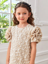 SHEIN Young Girl Woven Bubble Short Sleeve Jacquard Romantic Loose Fit Dress in Solid Color