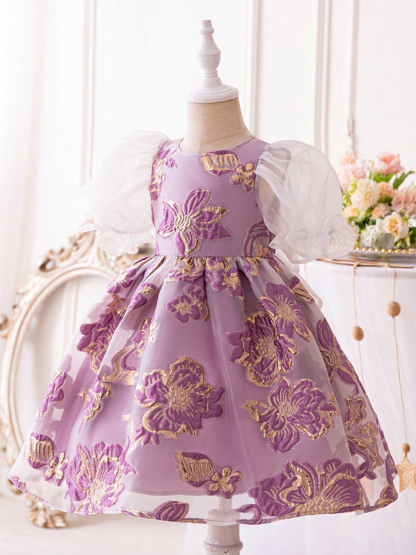 SHEIN Kids Nujoom Young Girls' Casual round Neck See-Through Sleeves & Big Bowknot Decoration Jacquard Dress