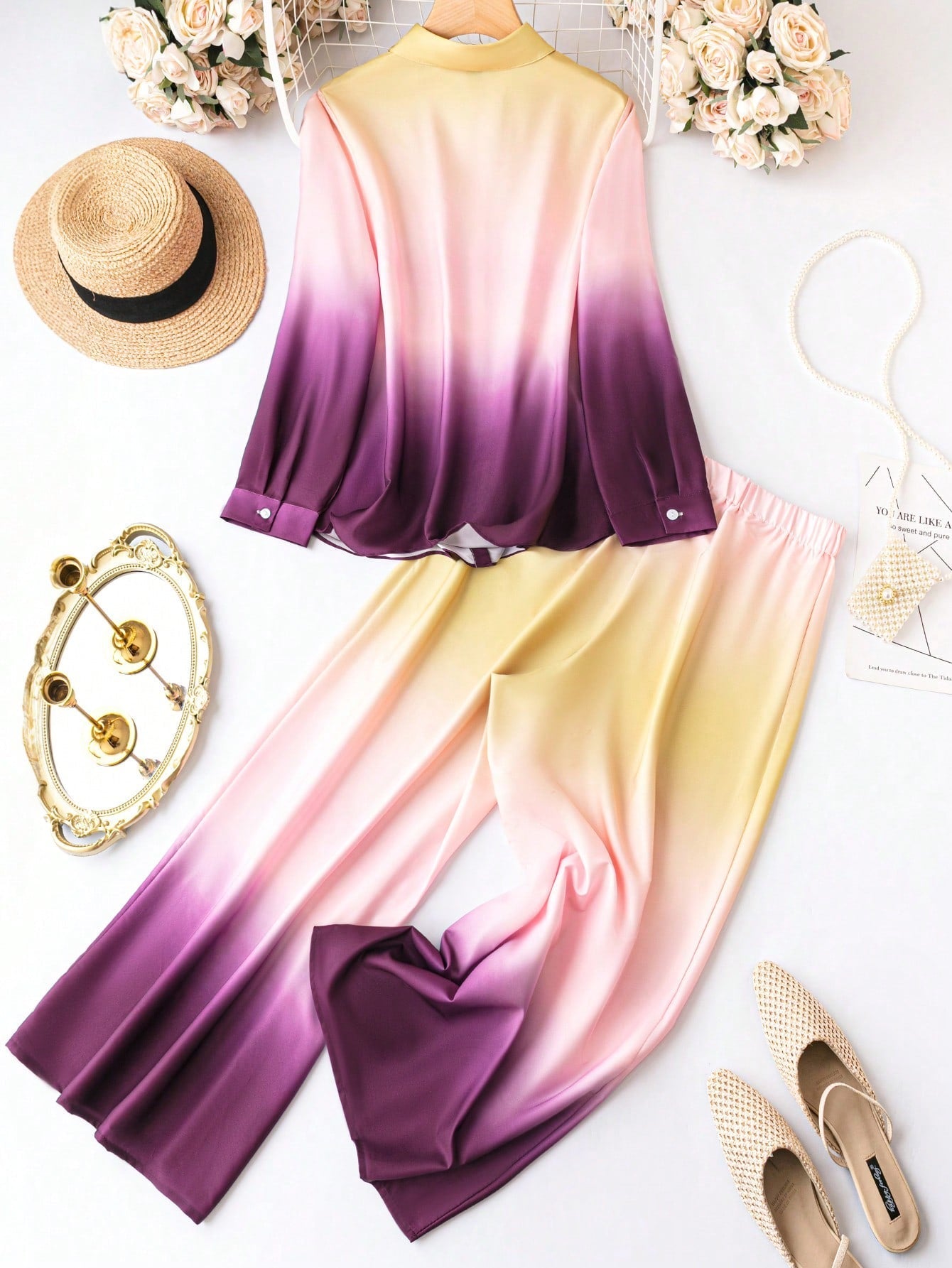 SHEIN LUNE plus Ombre Shirt & Wide Leg Pants