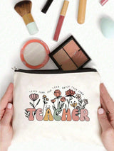 Simple Letter Print Zipper Pouch, Travel Essential Lightweight Carry-On Bag, Versatile Portable Makeup Bag Gift for Teacher Ideal Brides Maid Gifts