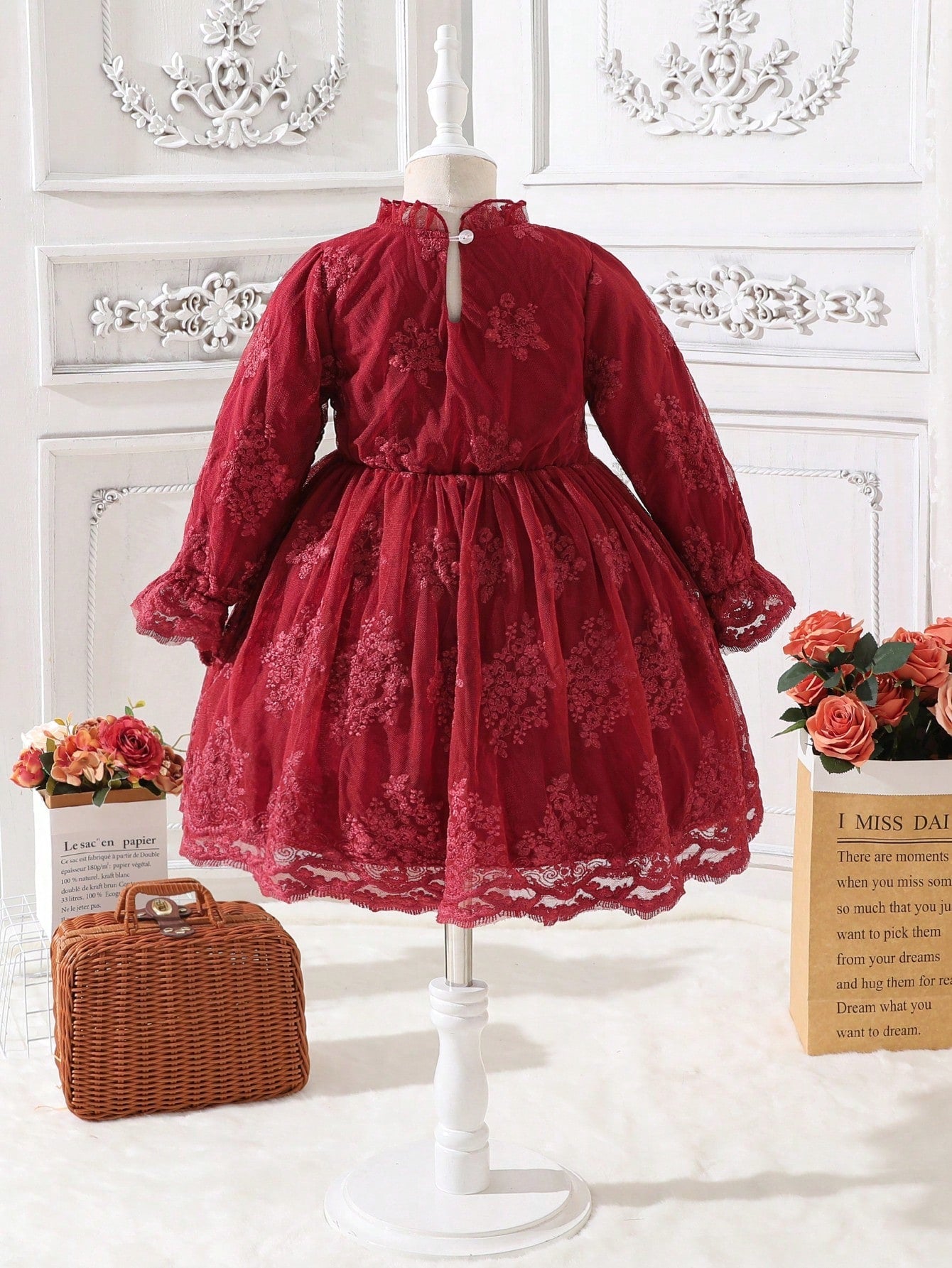 SHEIN Kids CHARMNG Young Girl Bow Front Flounce Sleeve Embroidery Mesh Dress