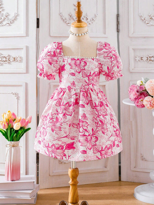 SHEIN Kids CHARMNG Young Girl'S Elegant Pink Puff Sleeved Floral Printed Dress Suitable for Romantic Occasions