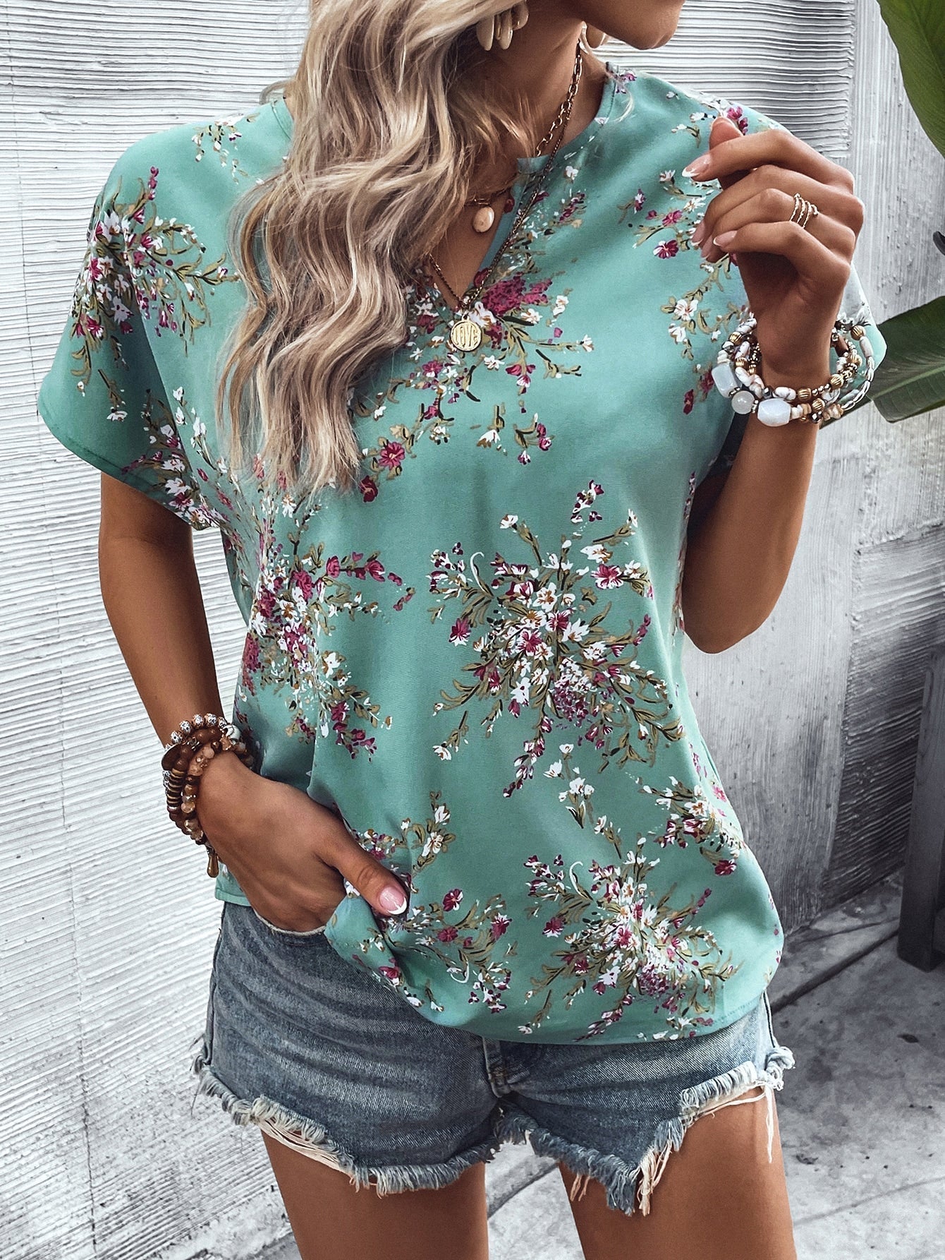 SHEIN LUNE Floral Print Notched Neck Batwing Sleeve Blouse