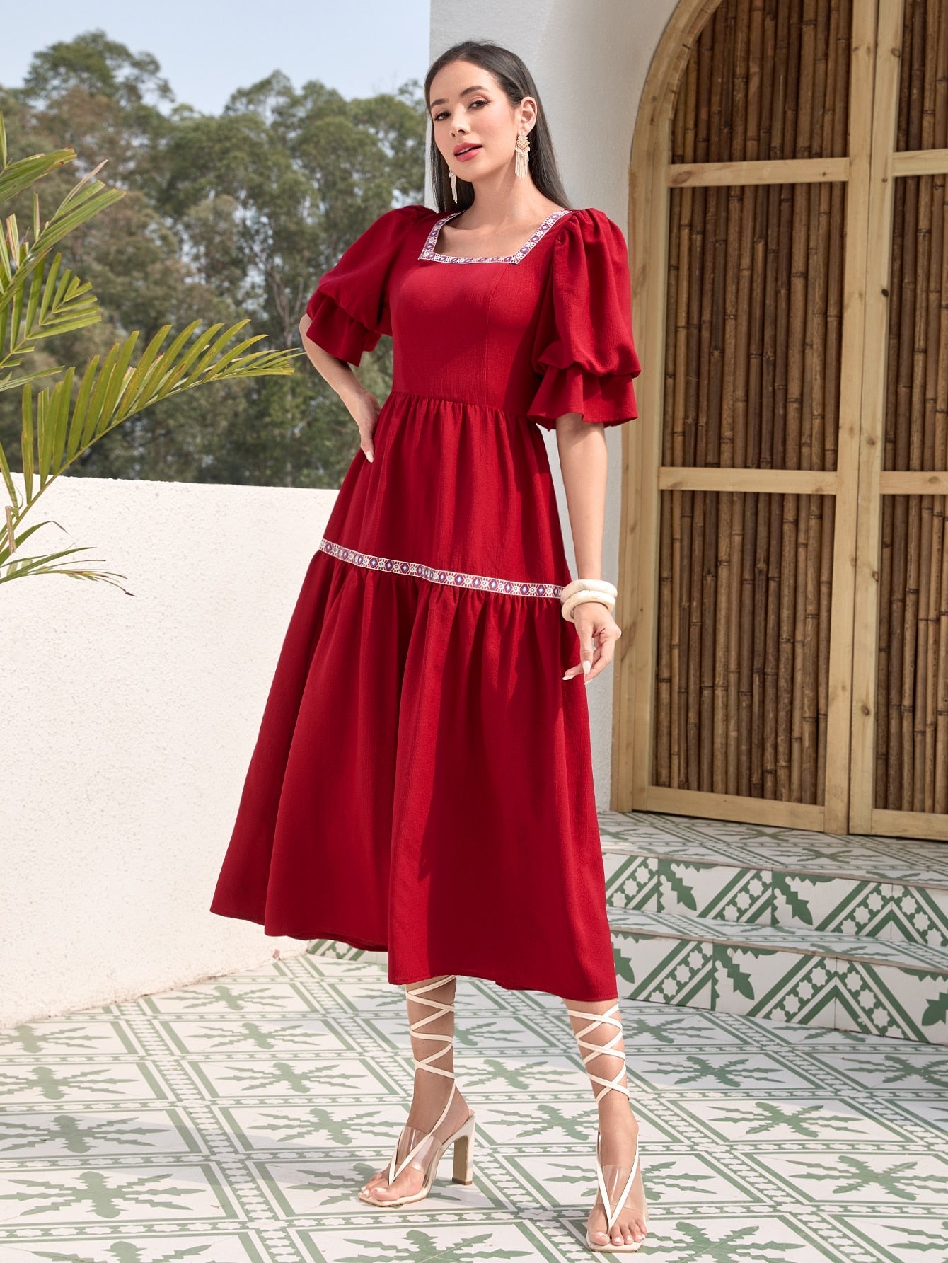 SHEIN Mulvari Square Neck Flounce Sleeve Ruffle Hem Dress
