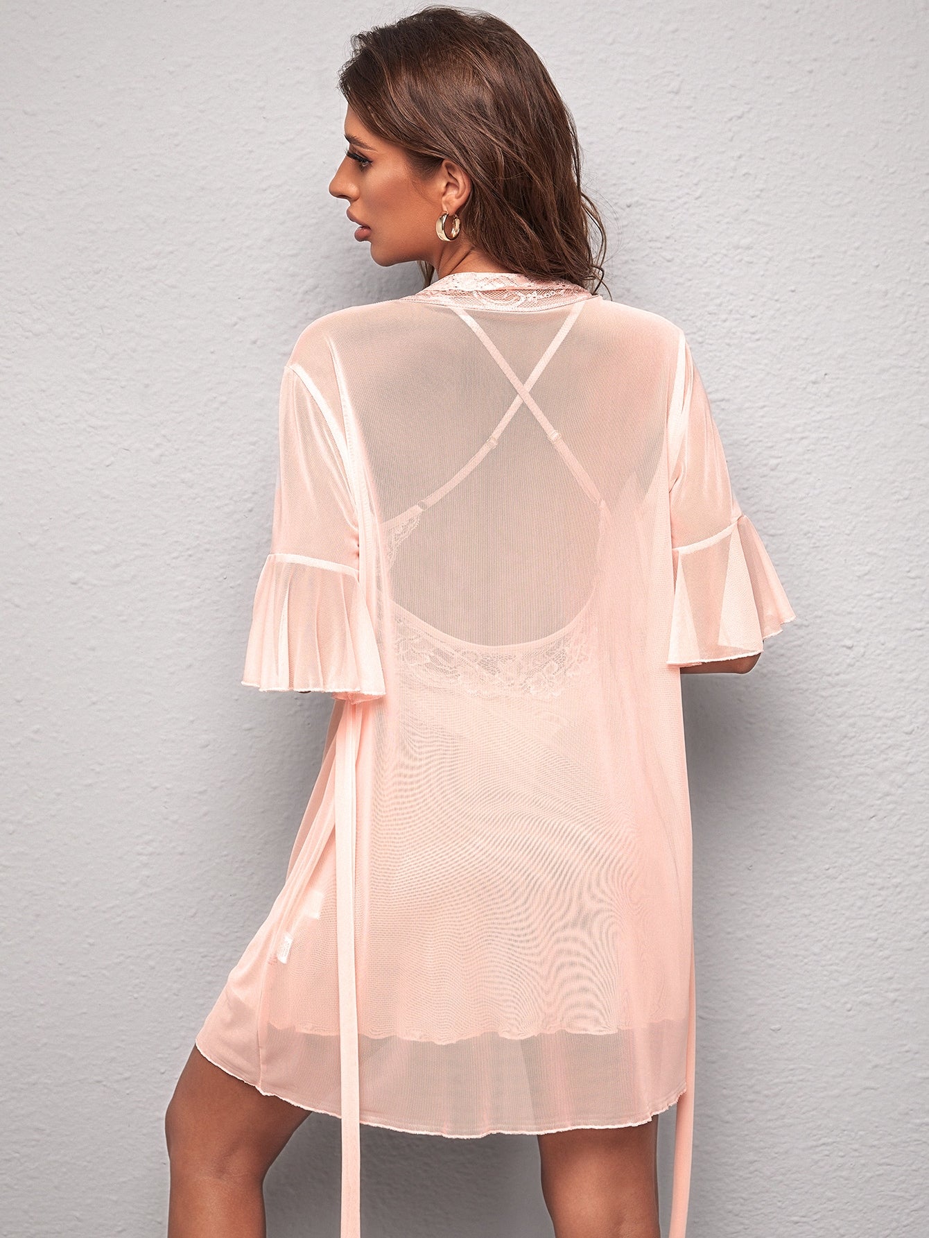Lace Panel Flounce Sleeve Belted Mesh Robe & Cami Dress PJ Set without Lingerie