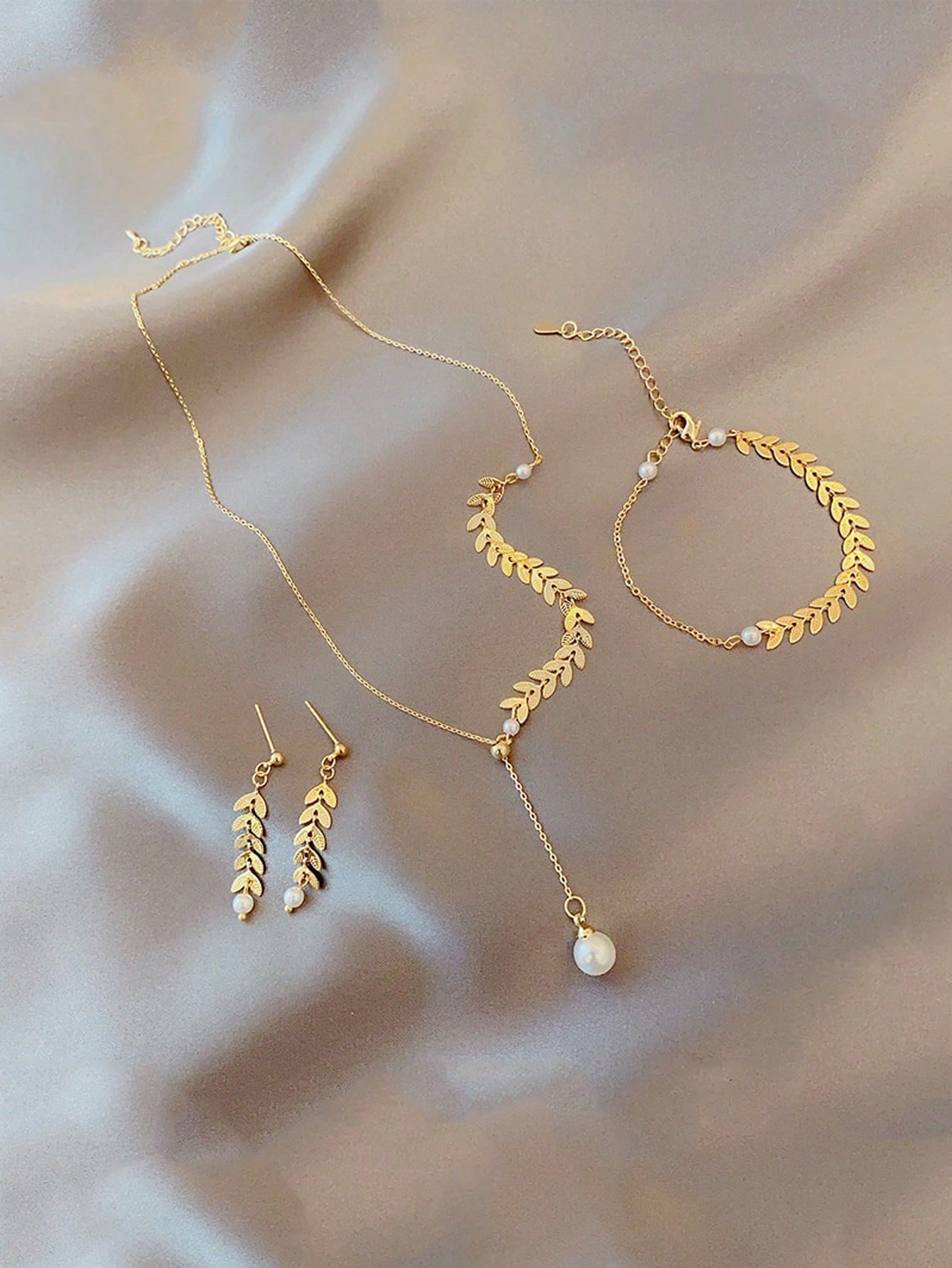 1Set Wheat Spike Shape Pearl Necklace, Bracelet and Earrings Set