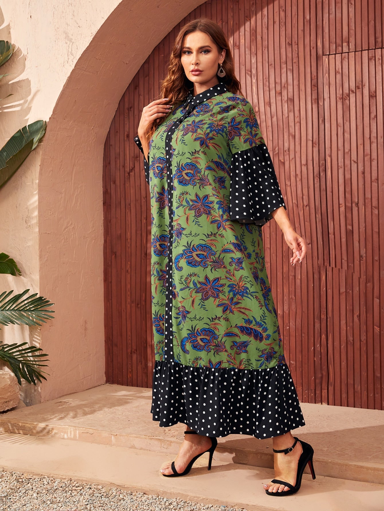 SHEIN Mulvari plus Paisley & Polka Dot Print Ruffle Hem Button Front Dress