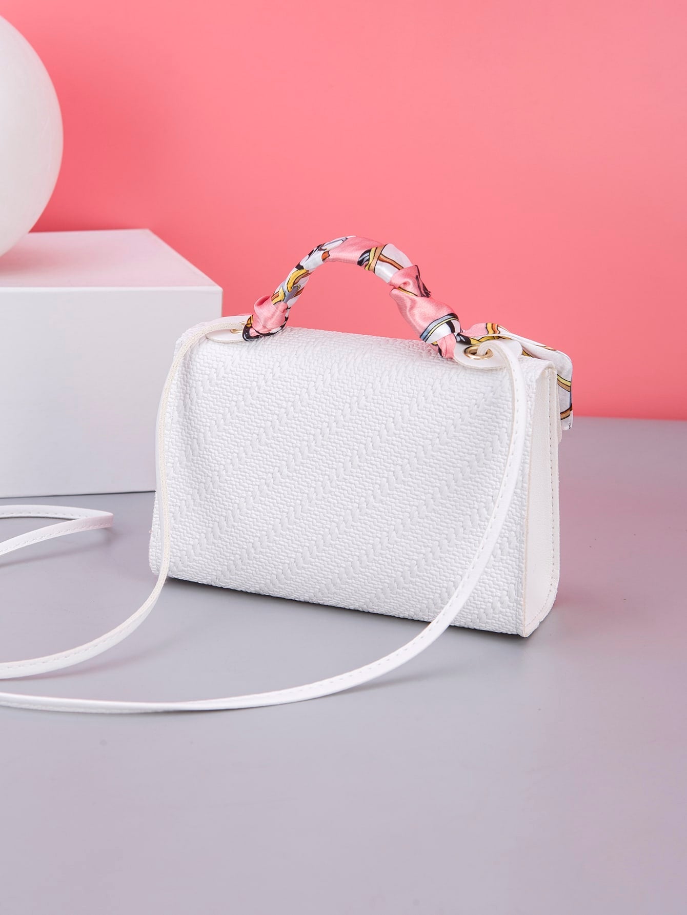 Woven Patterned Handheld Square Bag with Twilly Scarf