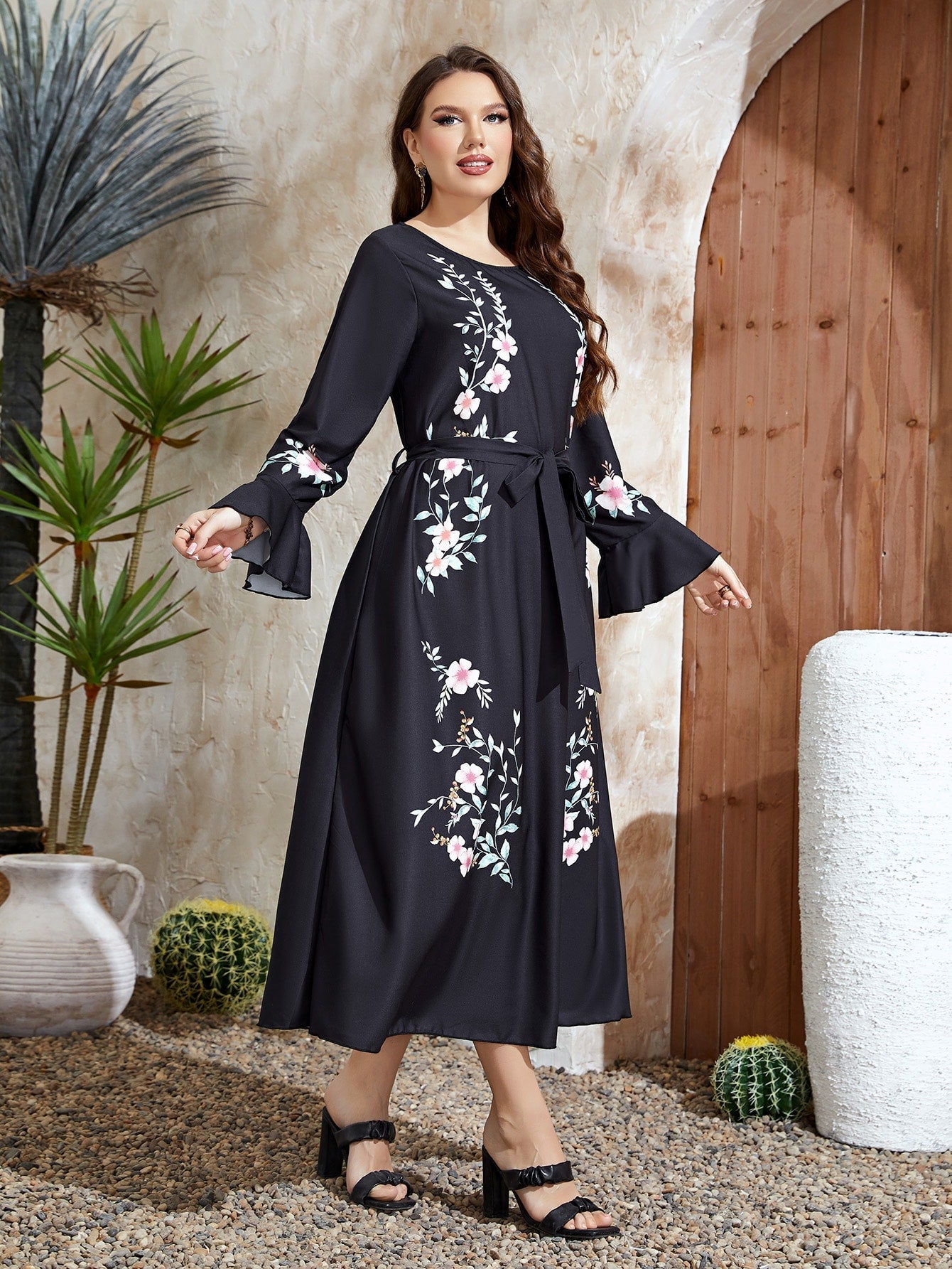 SHEIN Najma plus Floral Print Flounce Sleeve Belted Dress