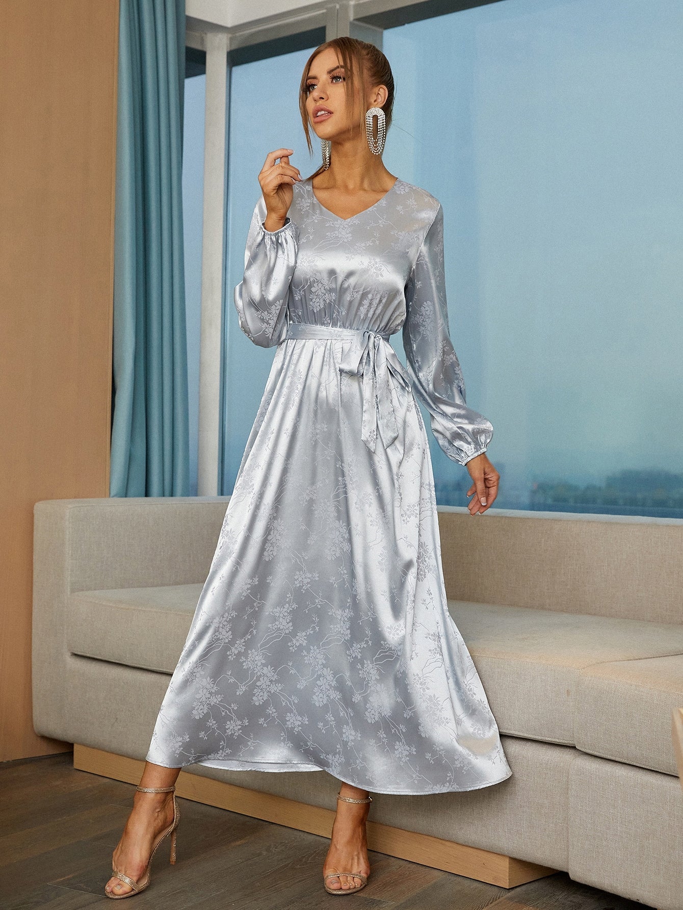 SHEIN Modely Satin Jacquard Self Tie V-Neck Dress