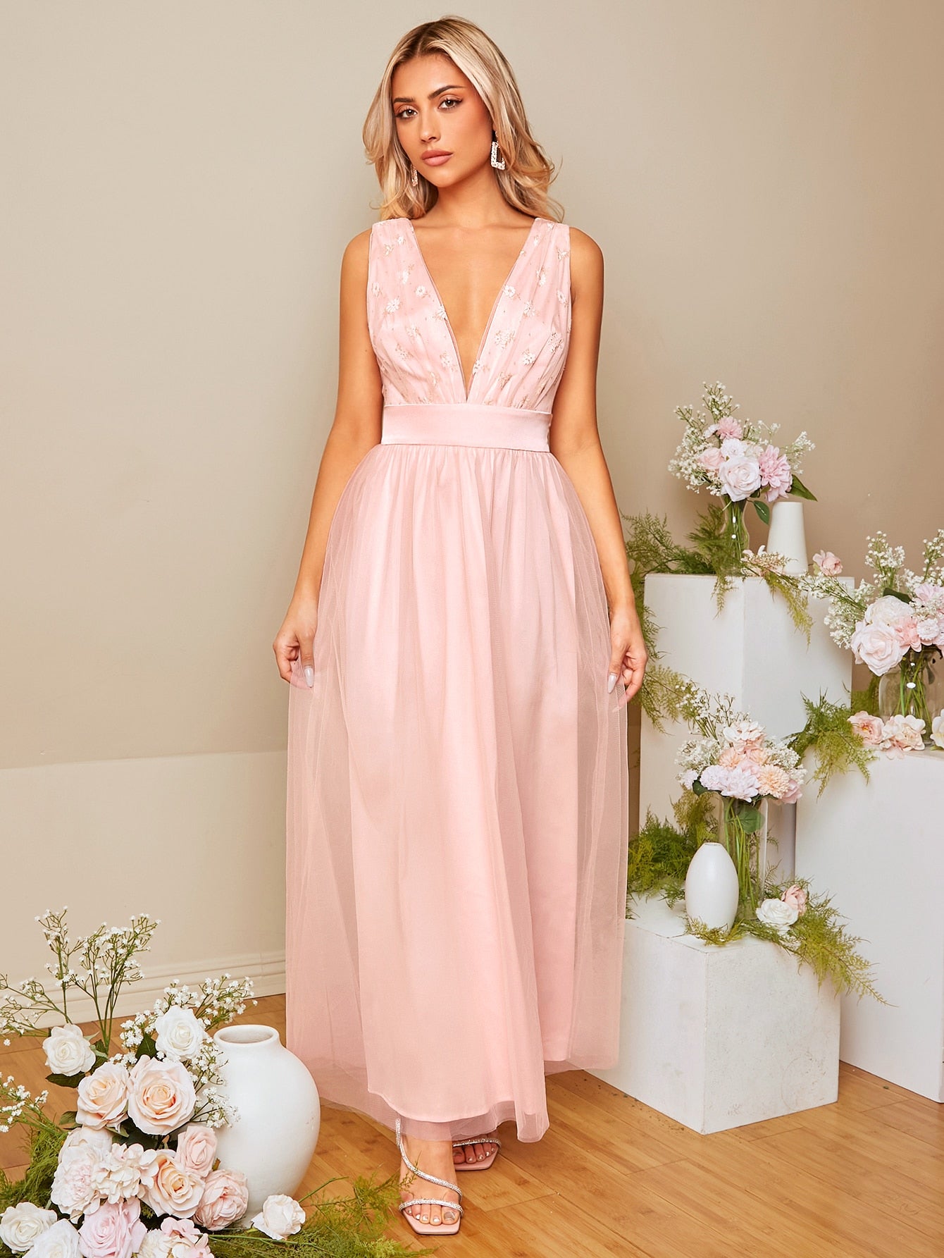 SHEIN Belle Plunging Neck Tie Backless Mesh Overlay Bridesmaid Dress