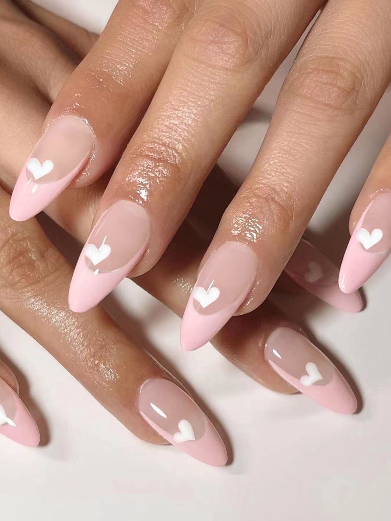 Transform Your Nails With, 24Pcs Long Almond Pink French Heart Design Fake Nail Set,For Women & Girls