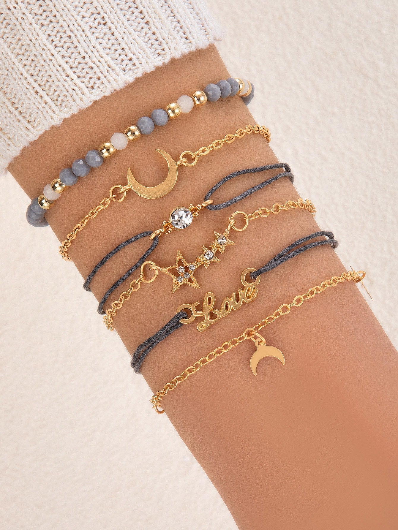 7Pcs/Set Rhinestone Star & Moon Decor Bracelet