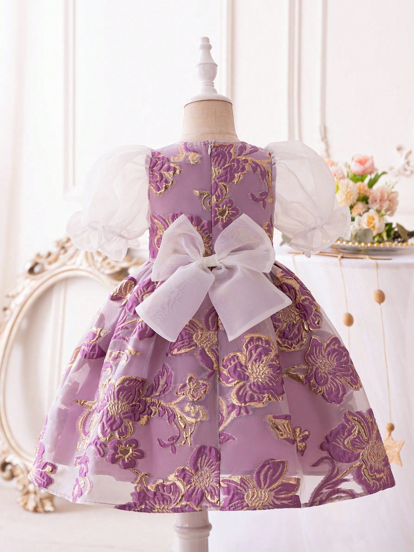 SHEIN Kids Nujoom Young Girls' Casual round Neck See-Through Sleeves & Big Bowknot Decoration Jacquard Dress