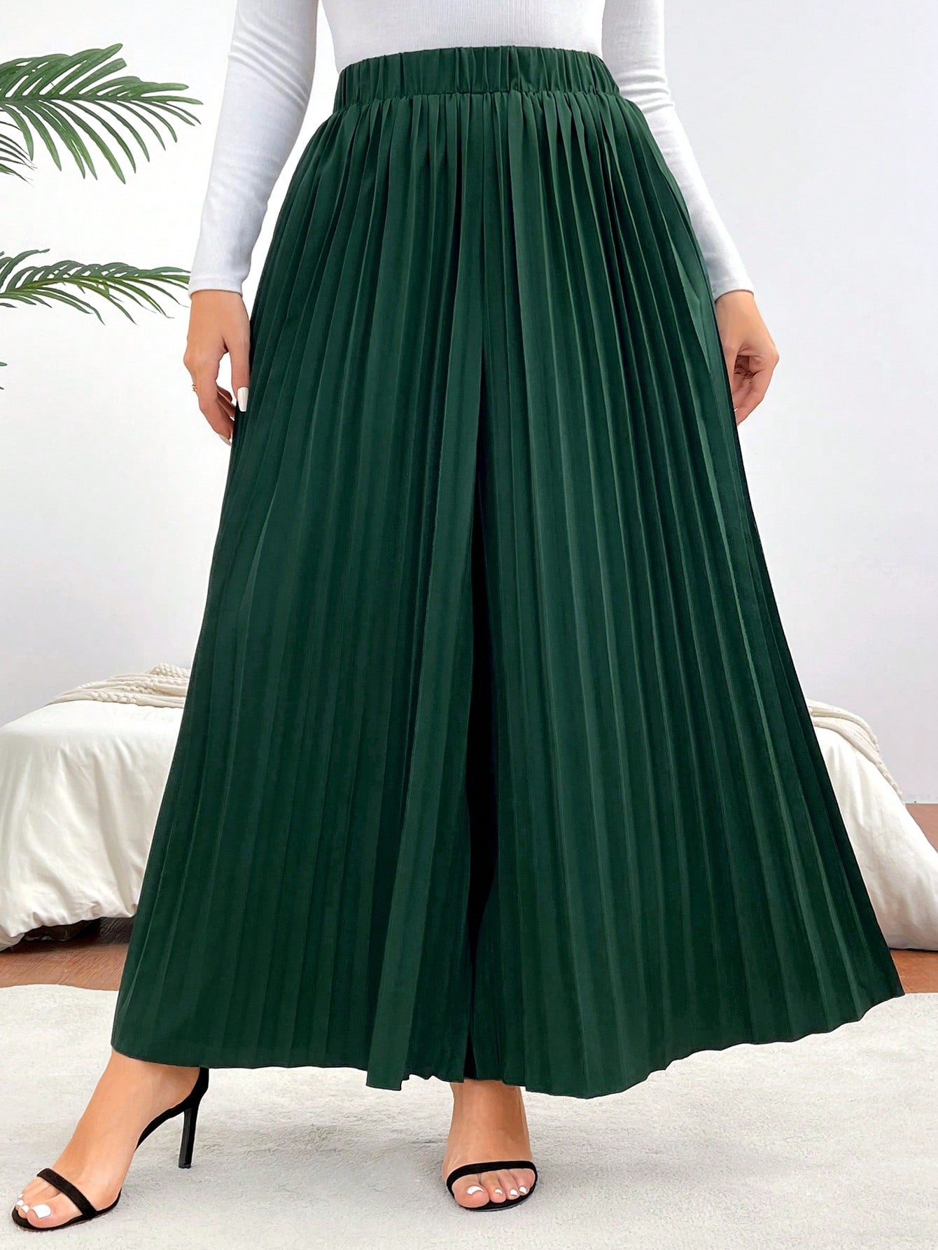 SHEIN Privé plus Size Elastic Waist Puff Pleated Wide Leg Pants