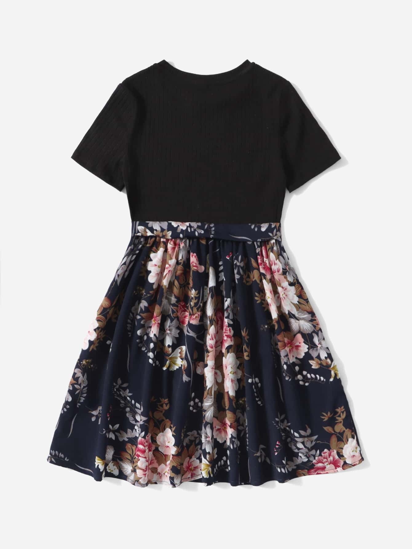 SHEIN Kids CHARMNG Girls Floral Print Belted Combo Dress