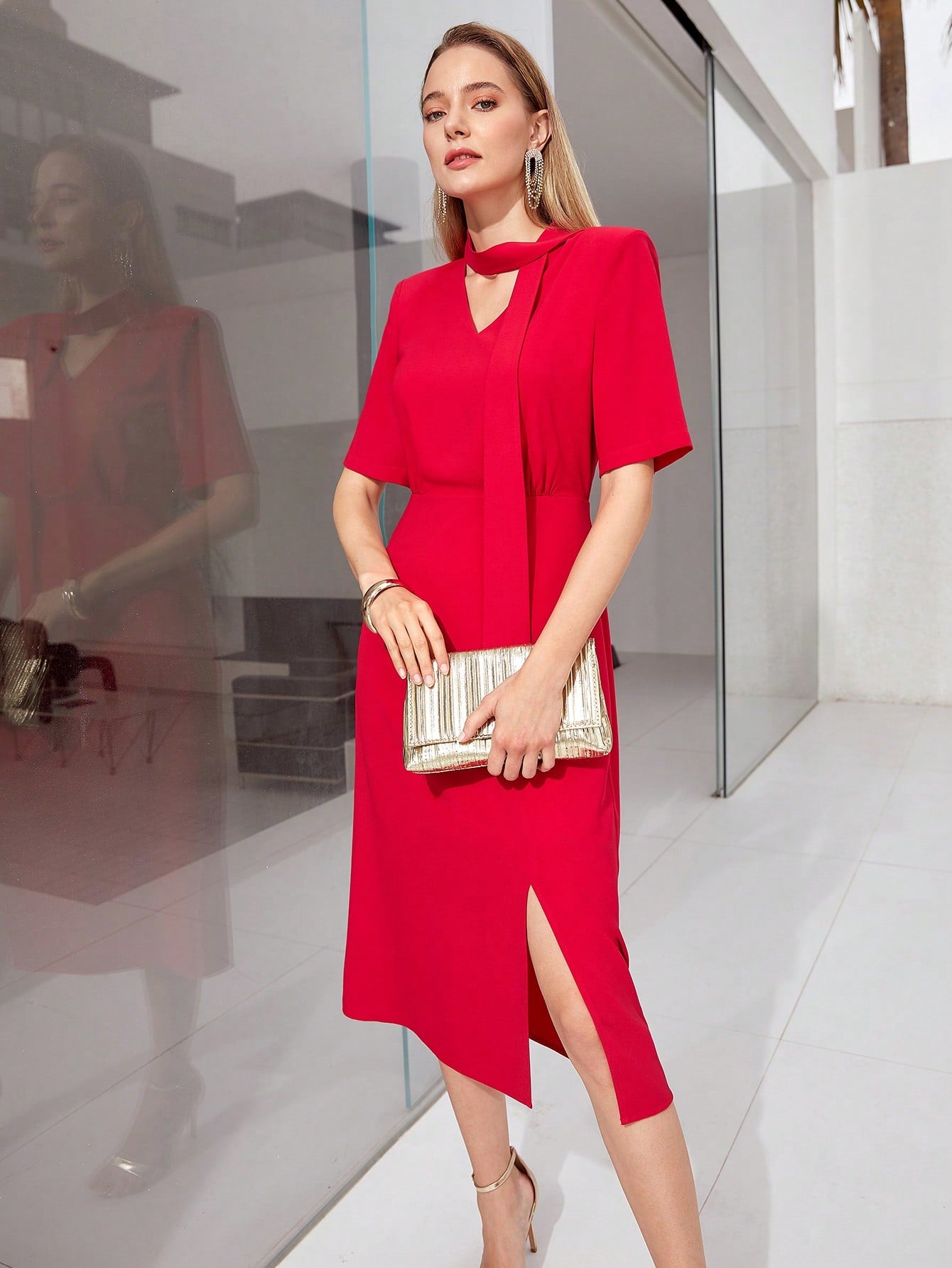 MOTF PREMIUM SCARF-NECK MIDI DRESS