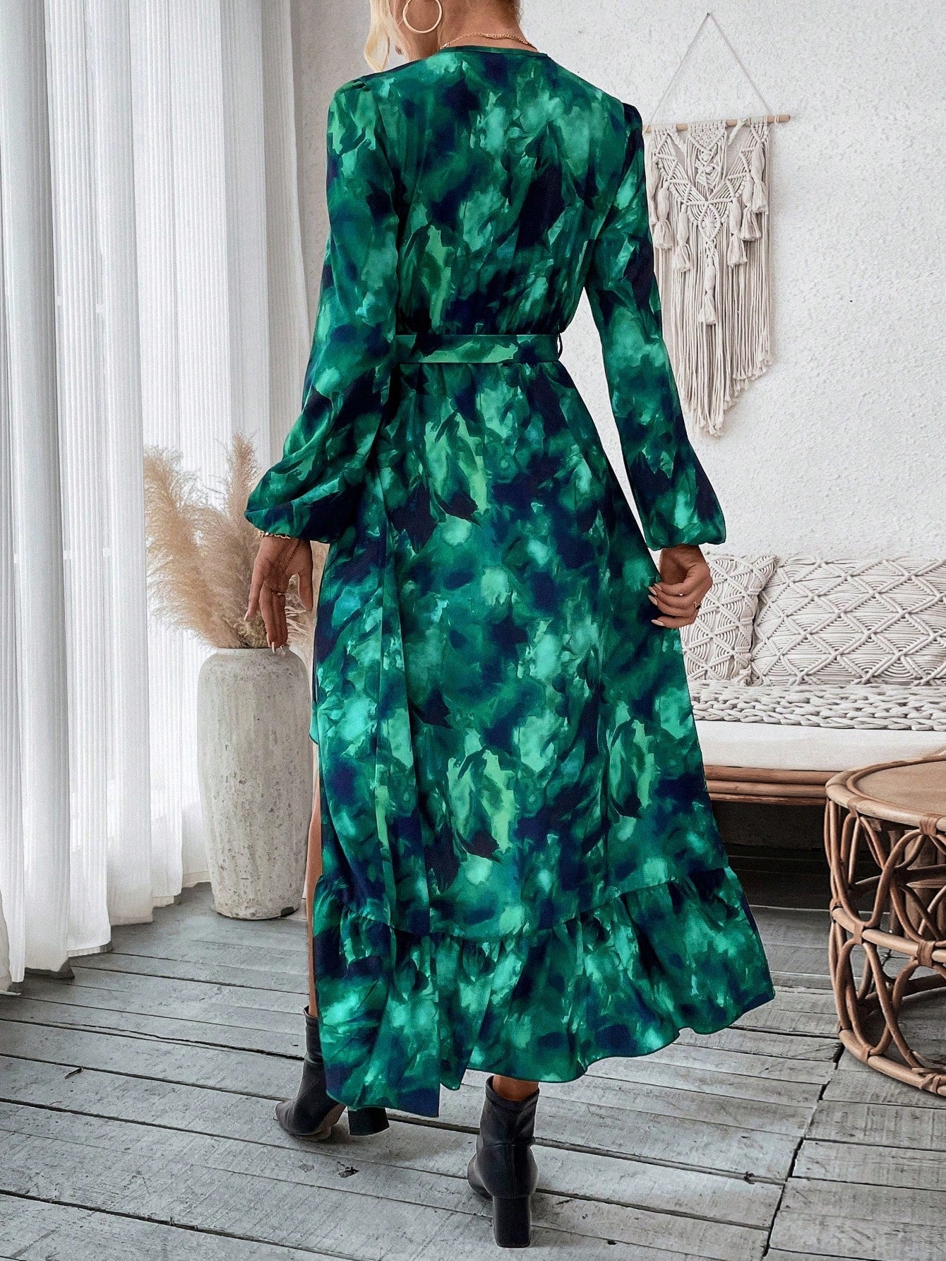 SHEIN Essnce Tie-Dye Ruffle Edge Lantern Sleeve Dress