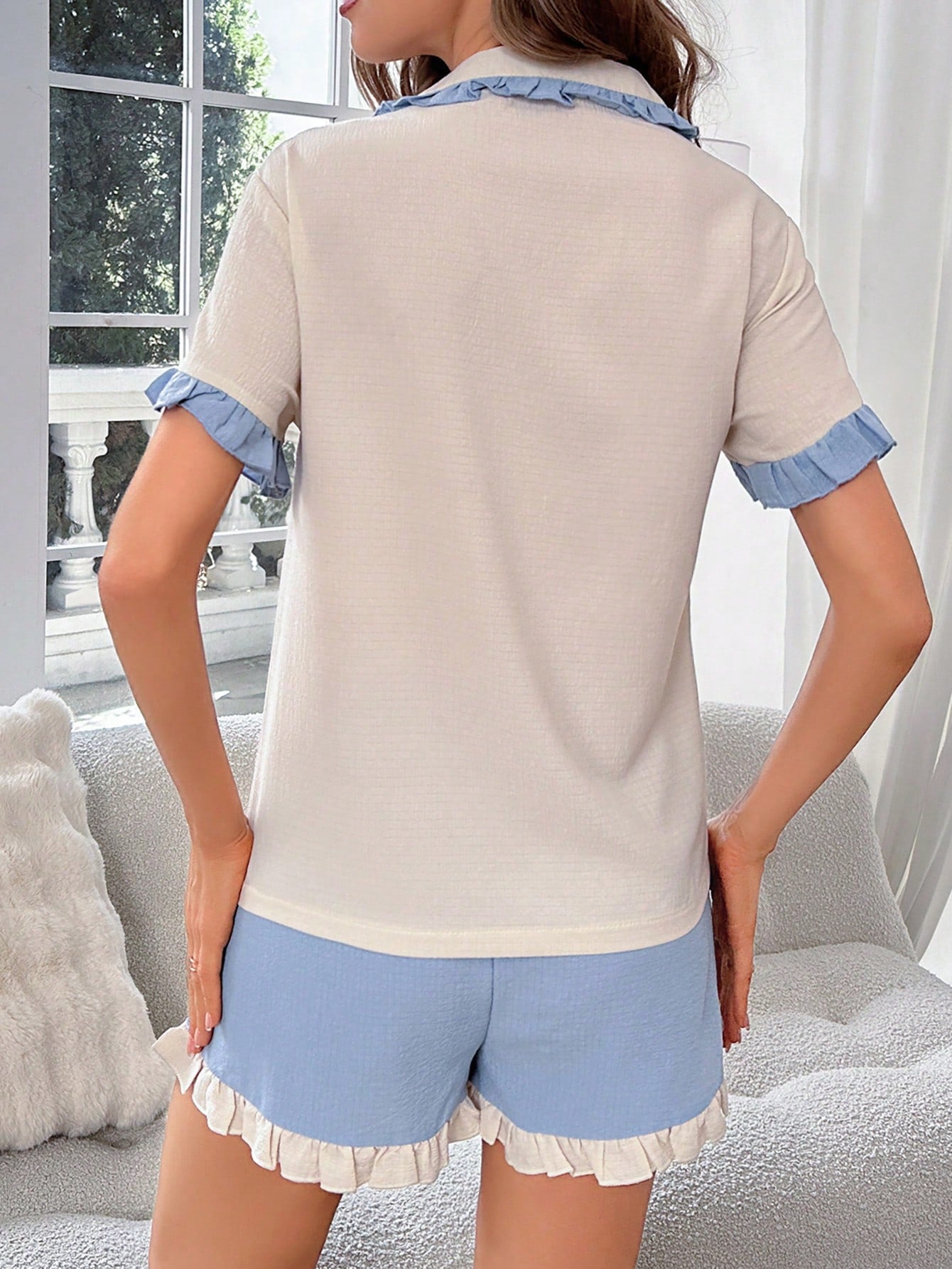 Ruffle Trim Button Front PJ Set