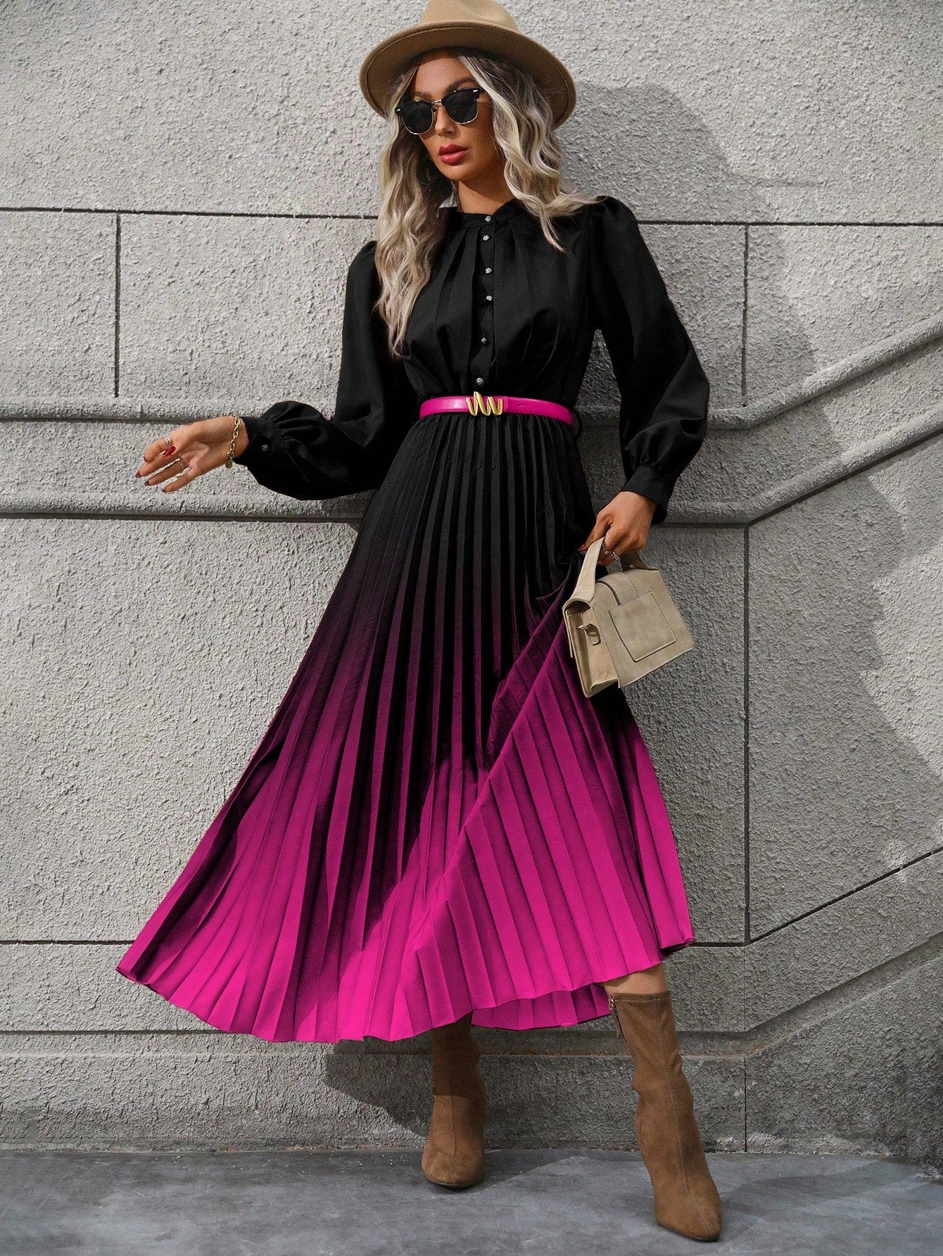 Ombre Bishop Sleeve Pleated Hem Dress without Belt