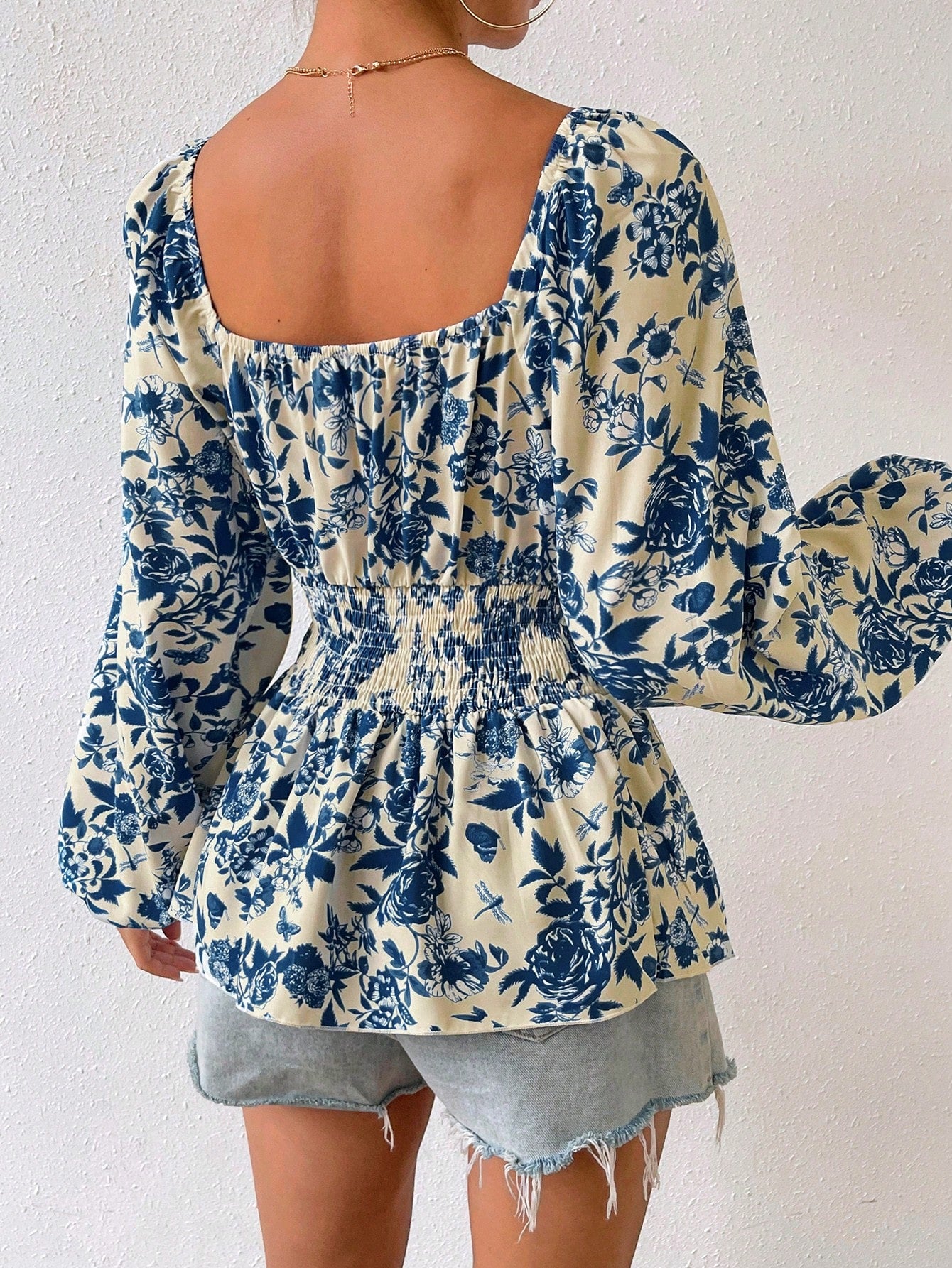SHEIN Unity Floral Print Square Neck Lantern Sleeve Peplum Blouse