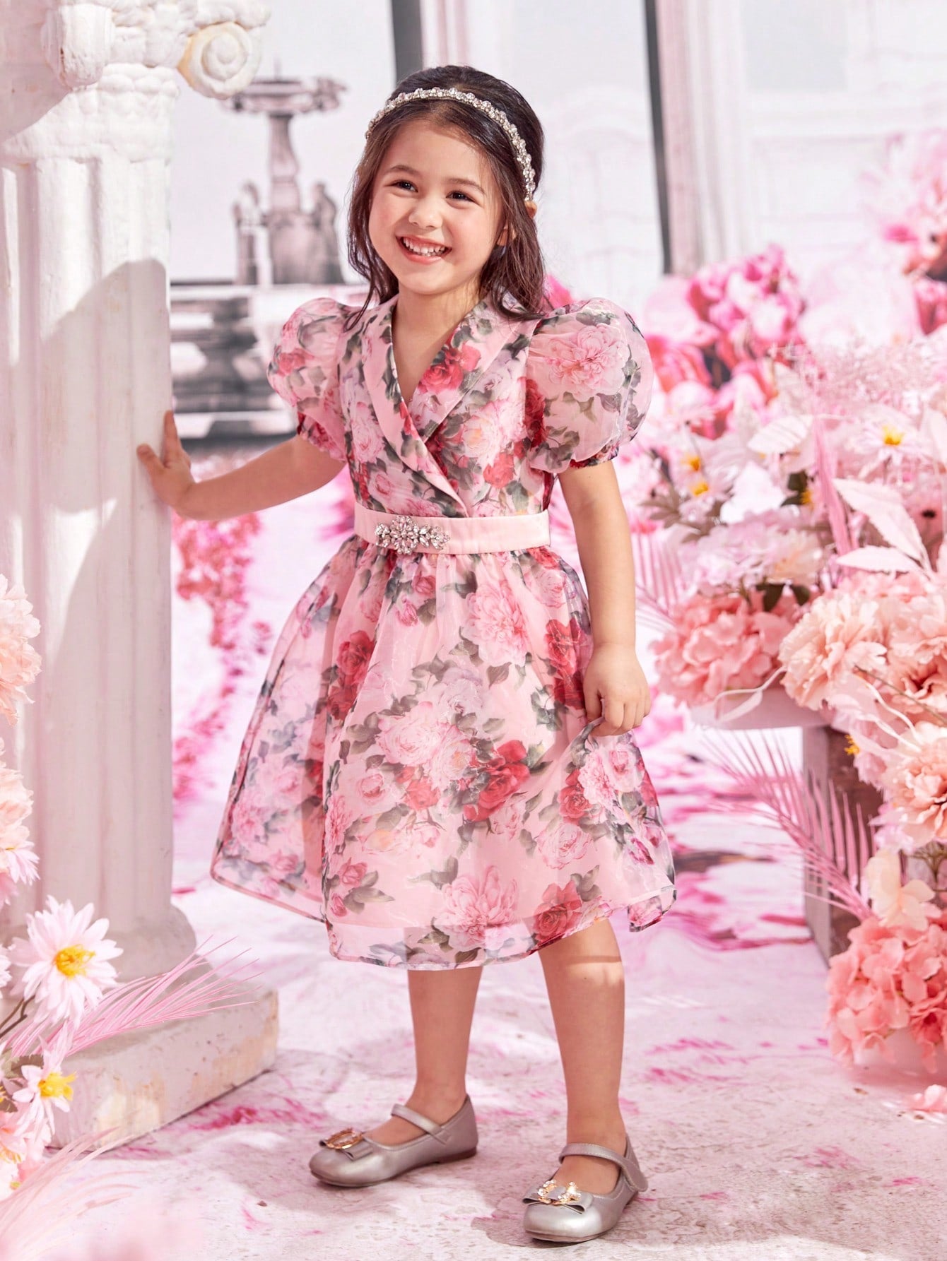 SHEIN Young Girls 1Pc Floral Print Puff Sleeve Party Dress