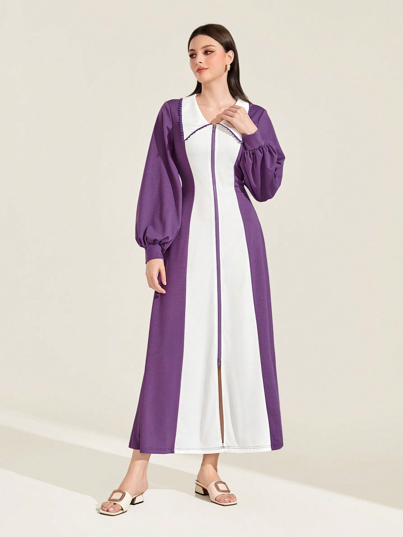 SHEIN Mulvari Two Tone Lantern Sleeve Split Hem Dress