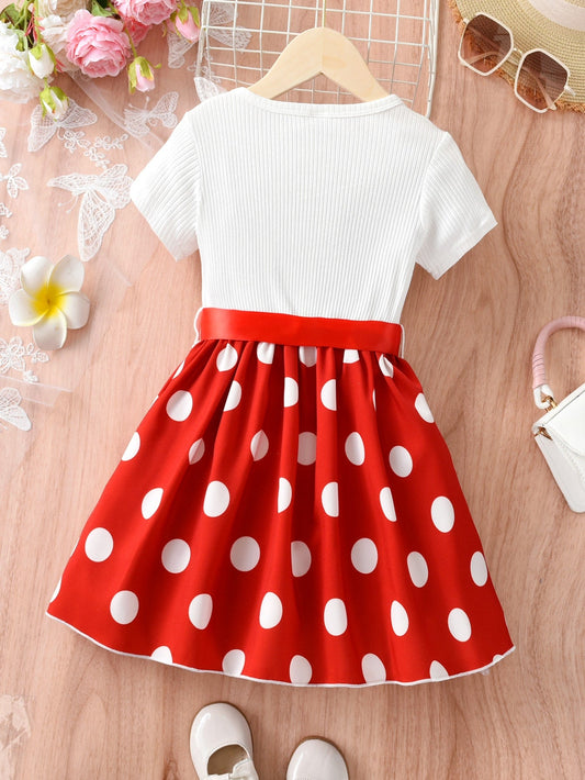 SHEIN Kids Nujoom فستان بطباعة نقاط البولكا دانتيل مقلم بكشكش للبنات الصغار