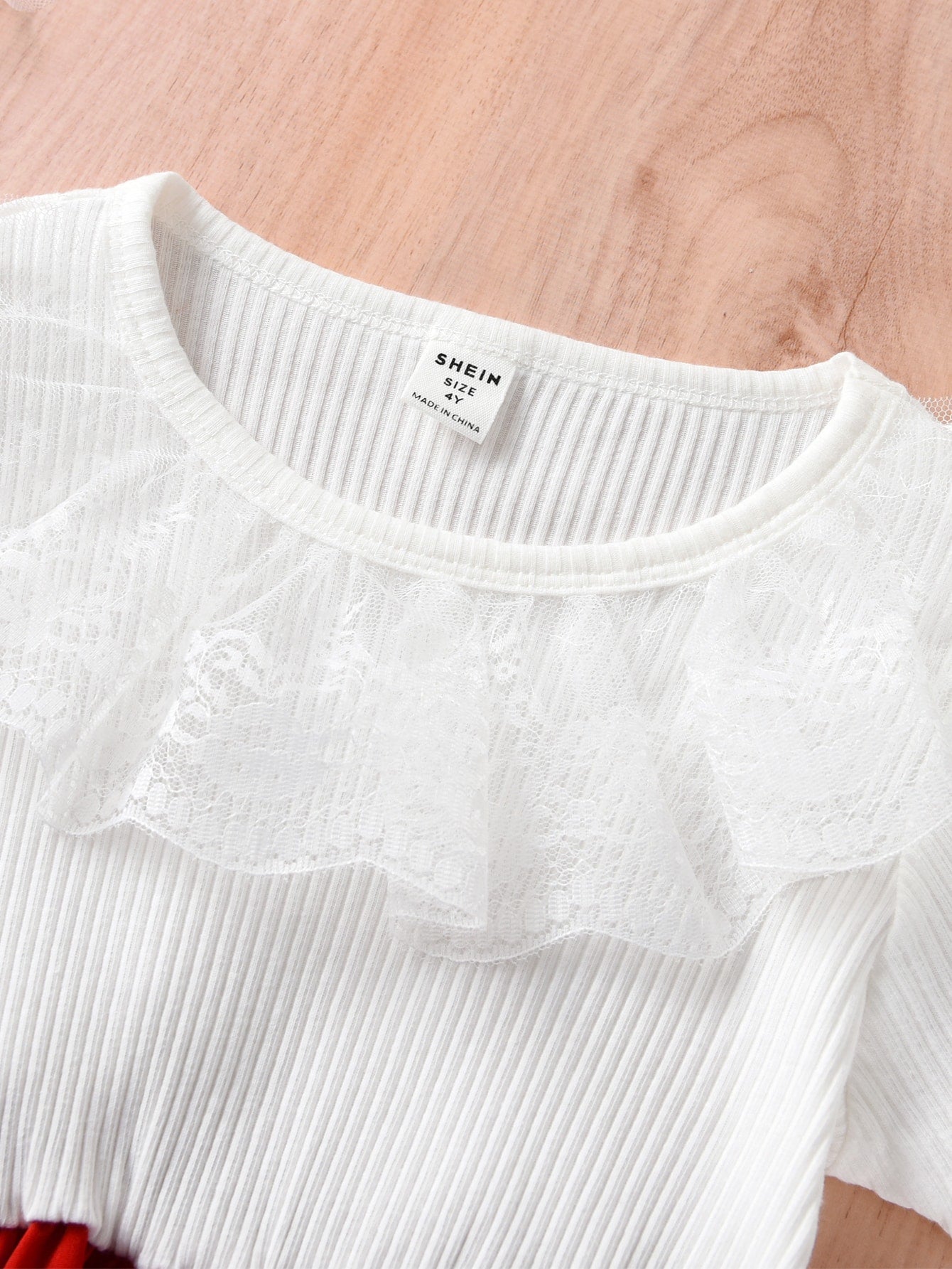 SHEIN Kids Nujoom فستان بطباعة نقاط البولكا دانتيل مقلم بكشكش للبنات الصغار