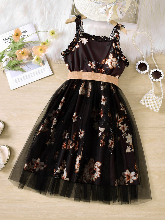 SHEIN Kids SUNSHNE Girls Floral Print Frill Contrast Mesh Hem Belted Cami Dress